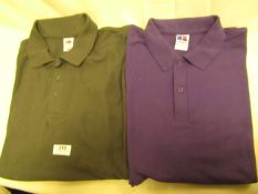 2 X Polo T/Shirts 1 Fruit of The Loom Grey Size L & 1 X Russell Purple Size M Both Unworn No Tags