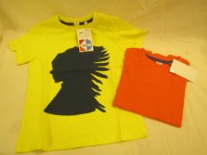 2 X PKS of 2 Childrens T/Shirts 1 Yellow With Motif, 1 Orange Plain Aged 6-7 yrs All new & Packaged