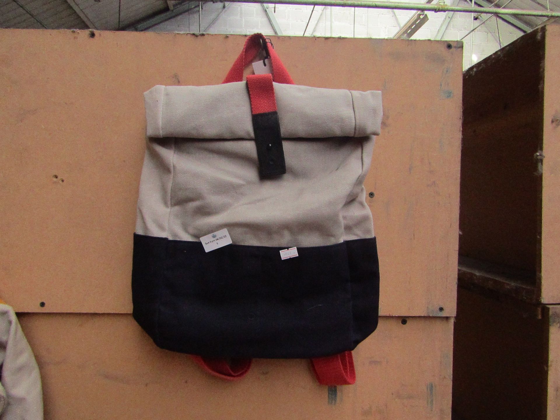 1 x Made.com Lismore Waxed Canvas Mini Backpack Stone & Navy with Brick Straps RRP £59 SKU MAD-