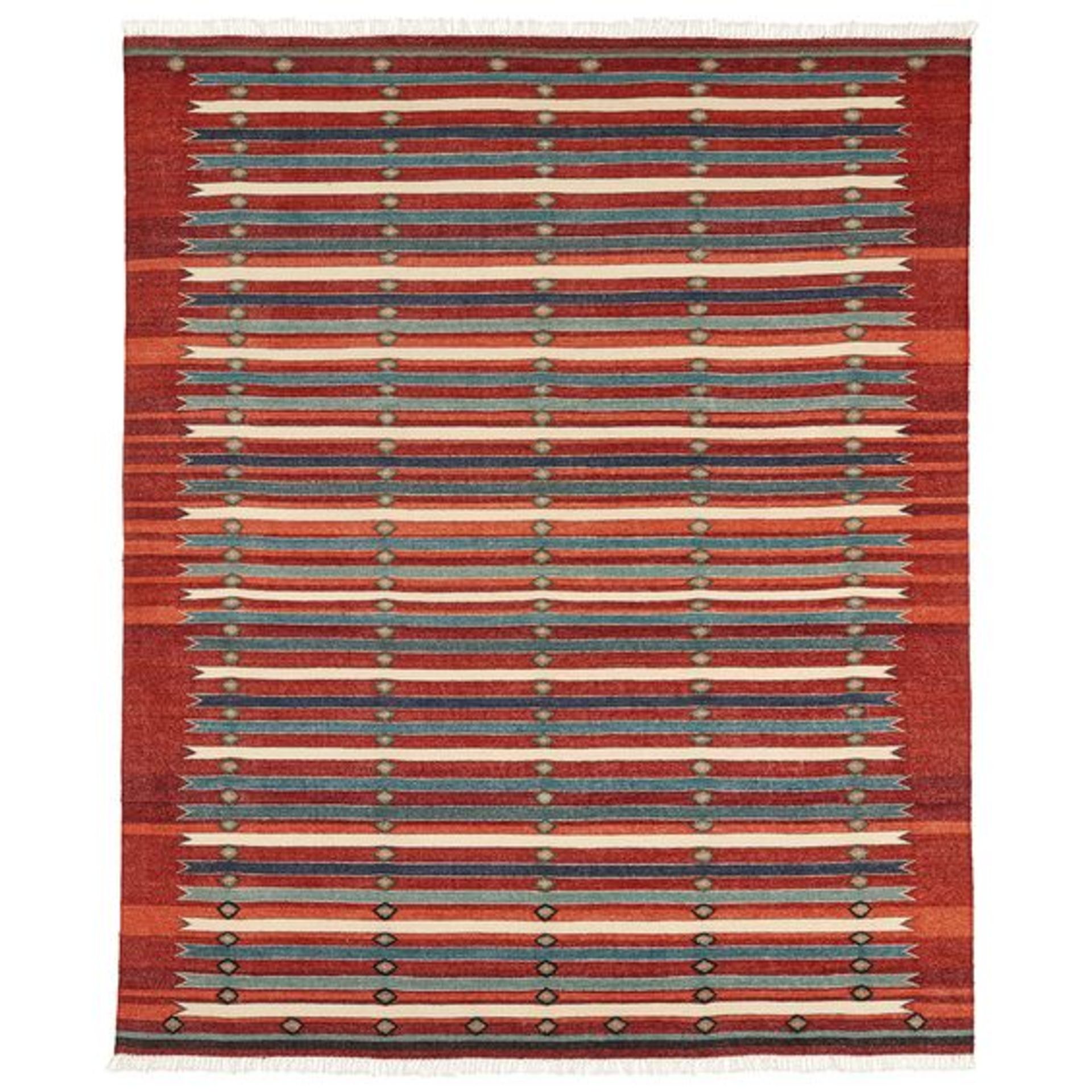 OKA Chimbote RugA tribal-style colour-blocked statement rug with short fringed tassels, decorated