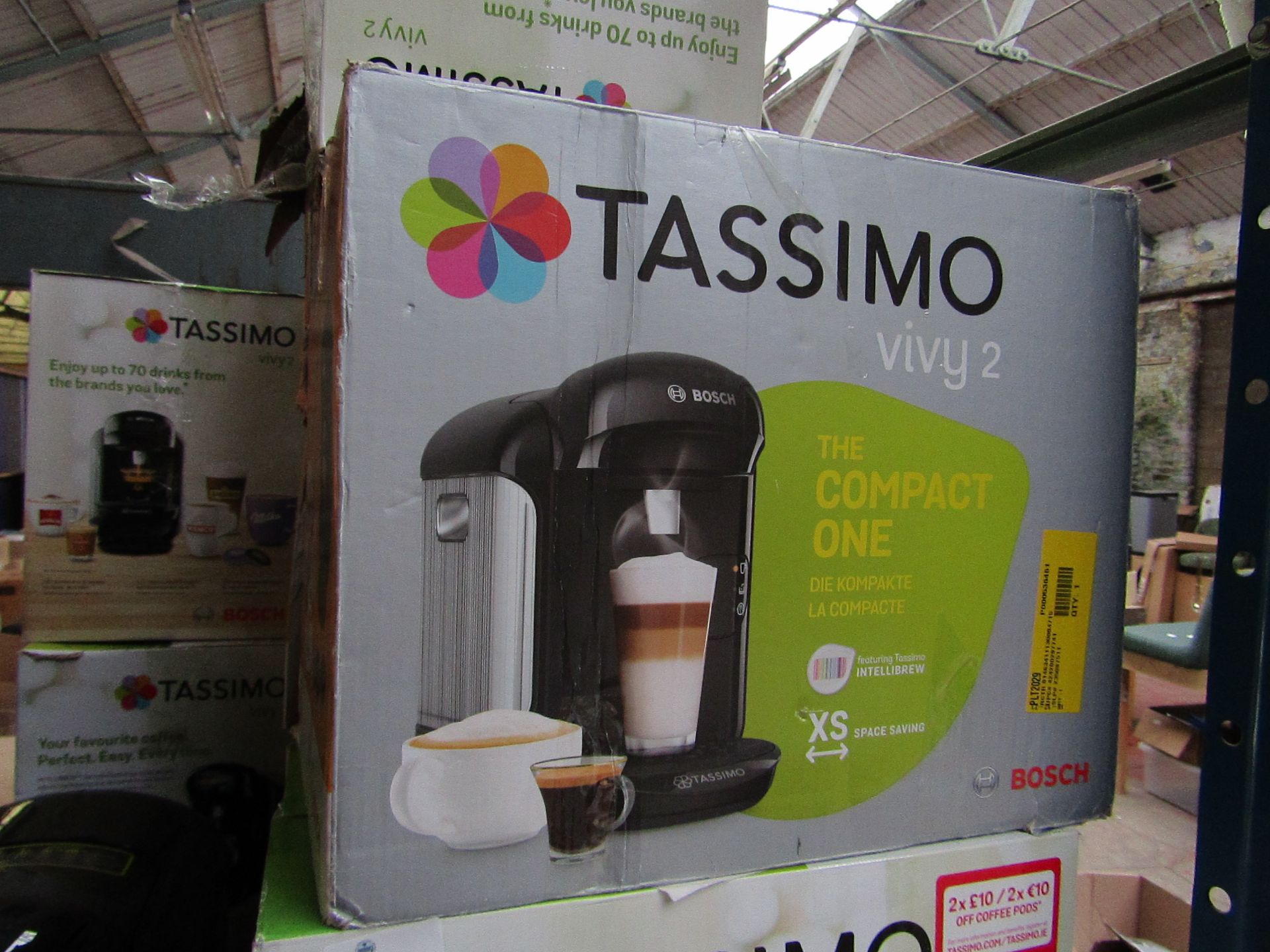 | 1X | BOSCH TASSIMO VIVY 2 XS COMPACT COFFEE POD MACHINE l UNCHECKED & IN PACKAGING | LOAD REF