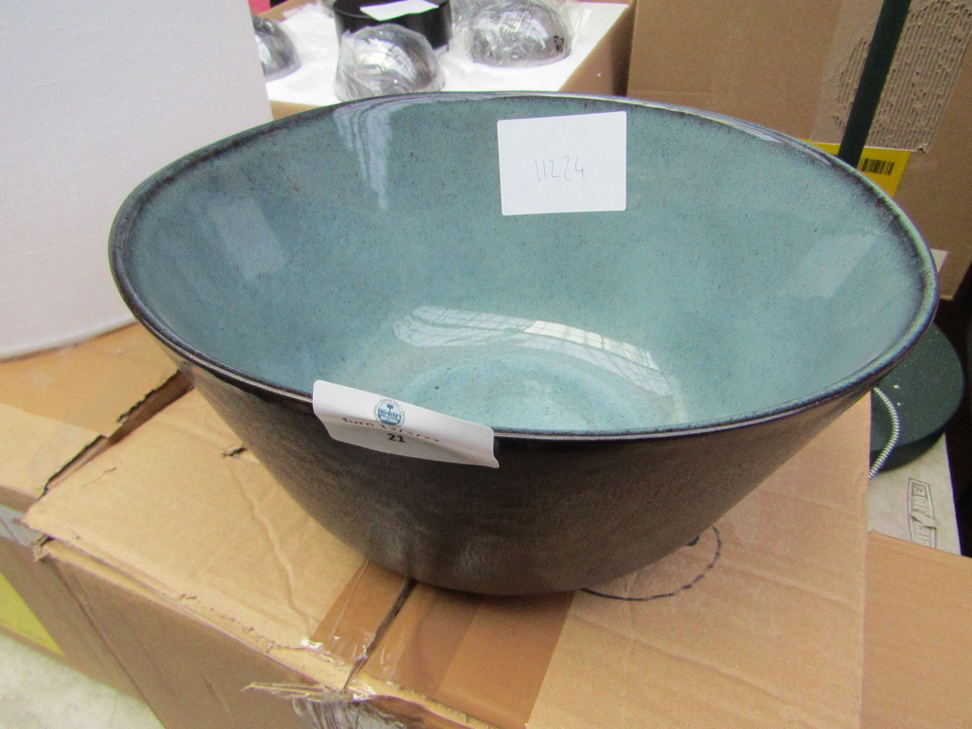 1 x Made.com Krisha Extra Large Reactive Glaze Serving Bowl Blue & Black RRP £35 SKU MAD-