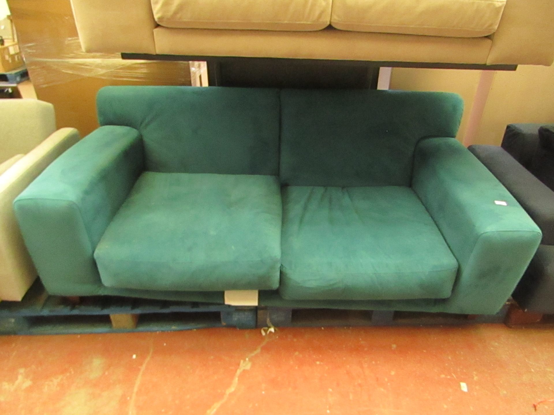| 1X | MADE.COM 2 SEATER SOFA | TEAL BLUE | GOOD CONDITION BUT NO FEET | RRP £- |