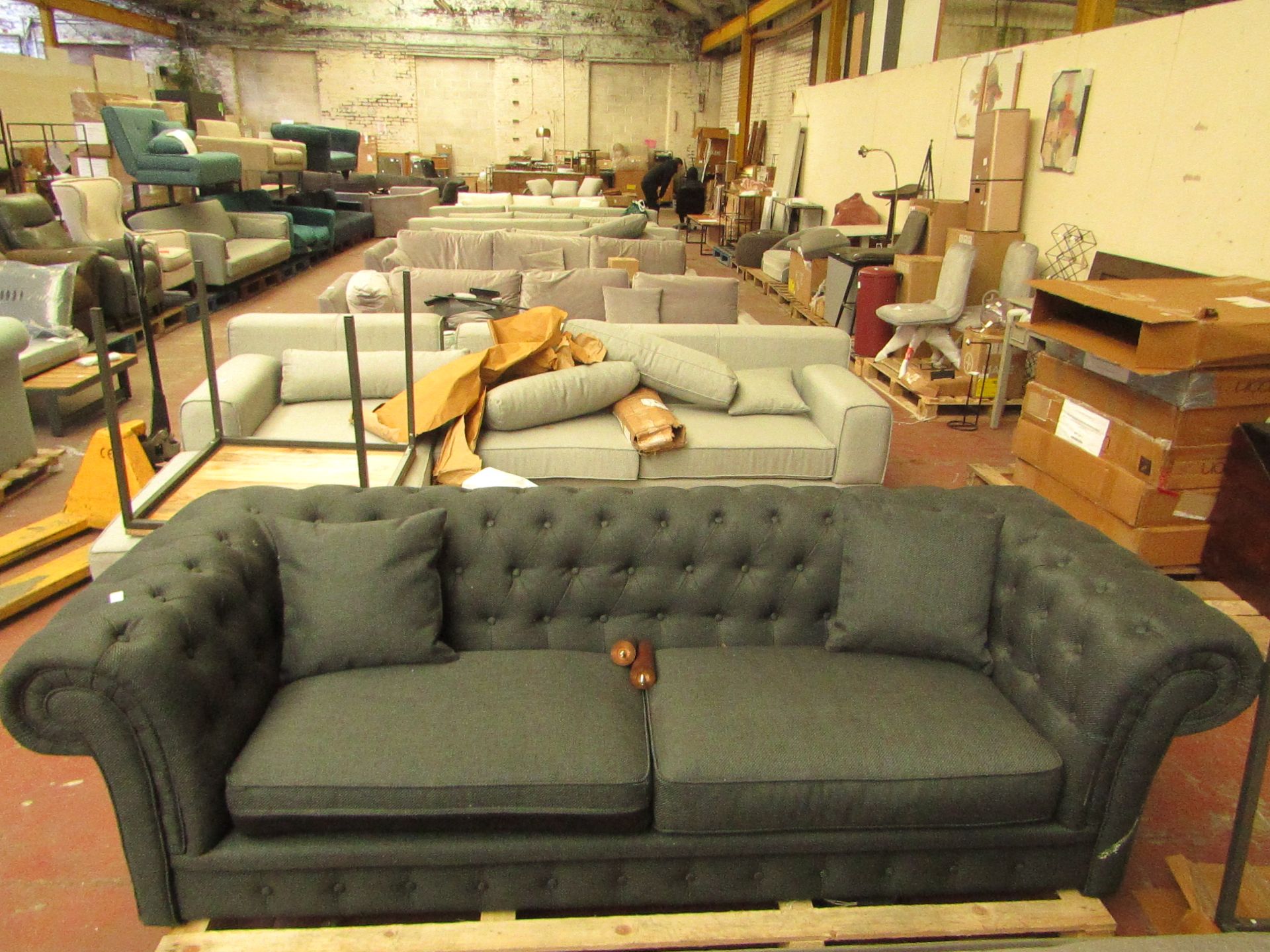 1 x Made.com Branagh 3 Seater Chesterfield Sofa Anthracite Grey RRP £999 SKU MAD-SOFBRA013GRY-UK