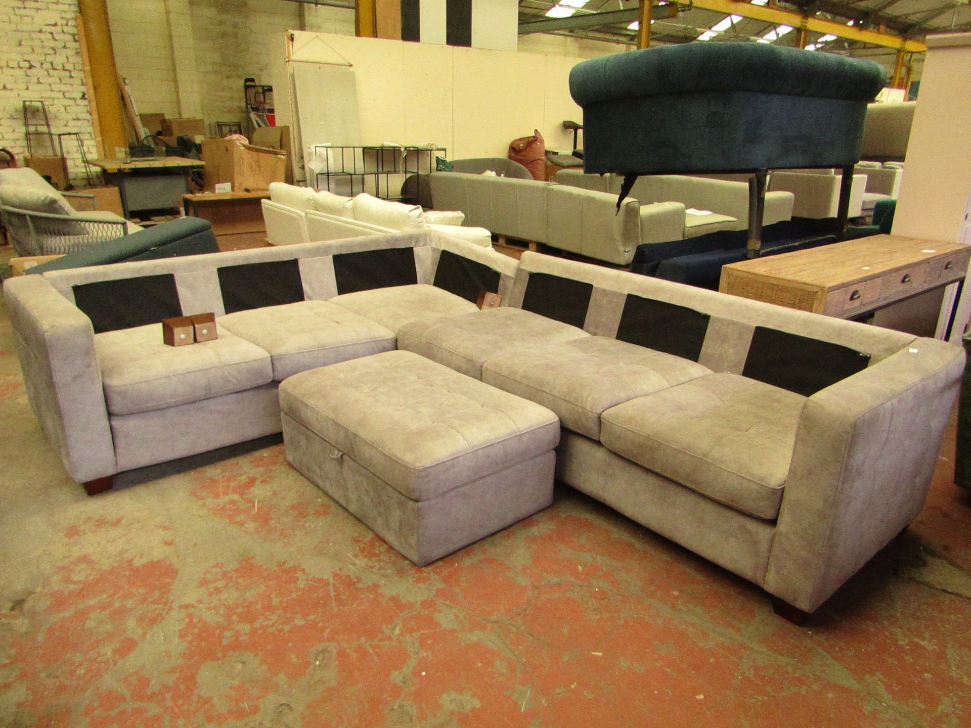 1X COSTCO 2 PIECE CORNER SOFA - ONE LEG MAY BE DAMAGED, NO BACK CUSHIONS BUT OTHERWISE IN GOOD