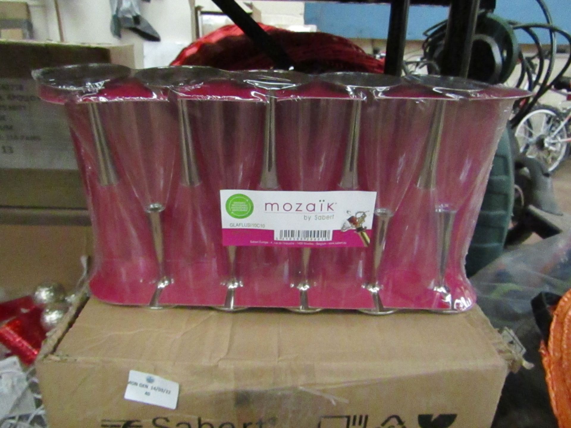 10x Packs of 10 Mozaik - Plastic Champagne Glasses ( 10cl Approx ) - Unused & Packaged.