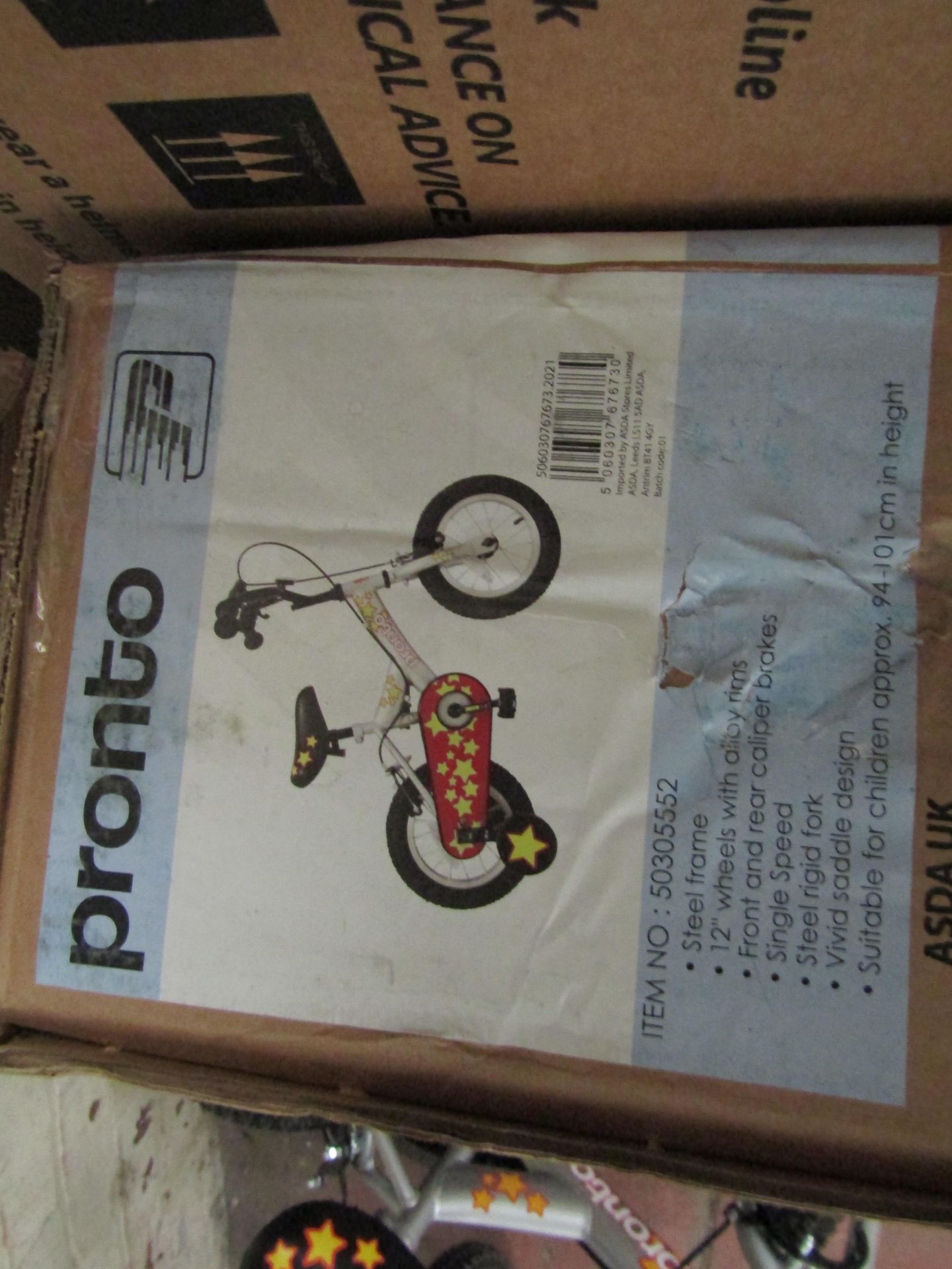 | 1X | PRONTO 12 INCH CHILDREN BICYCLE WITH STABILISIERS | UNCHECKED & BOXED | NO ONLINE RESALE |