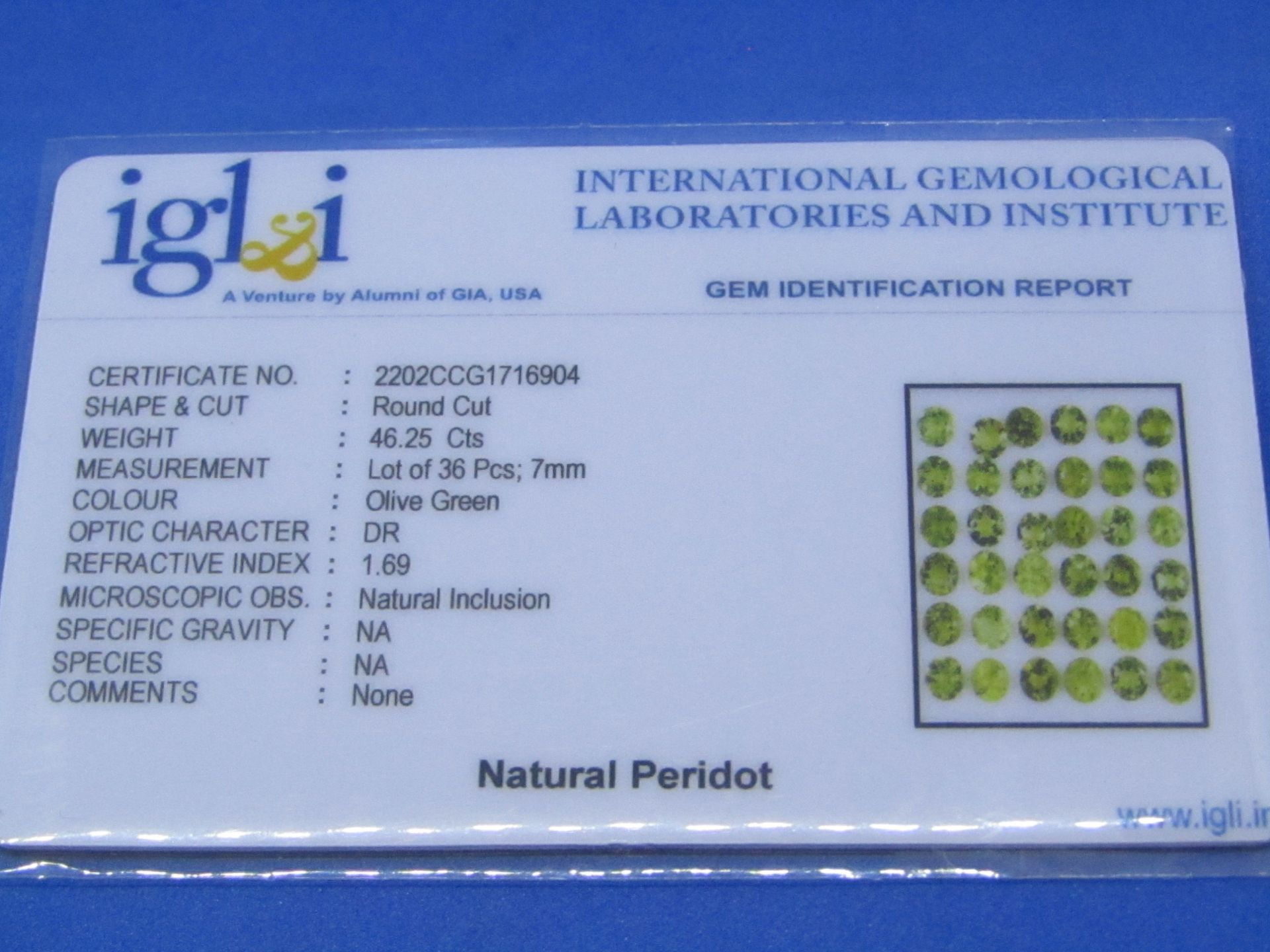 **No Buyers Commission on this lot ** IGL&I Certified Natural Peridot - 36 Pieces - 46.25 carats - - Image 2 of 3