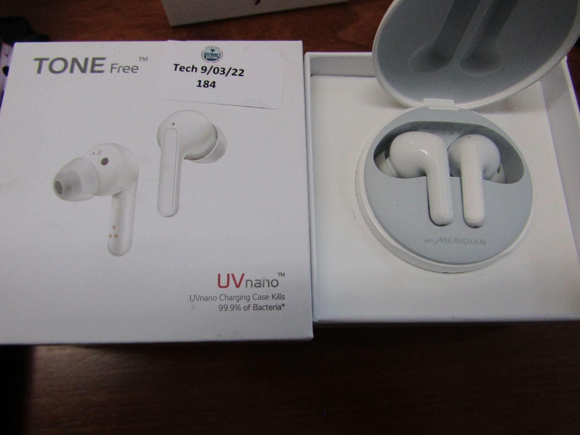 LG HBS-FN6 Wireless earbuds with charging case and outer box, tested working for sound with the