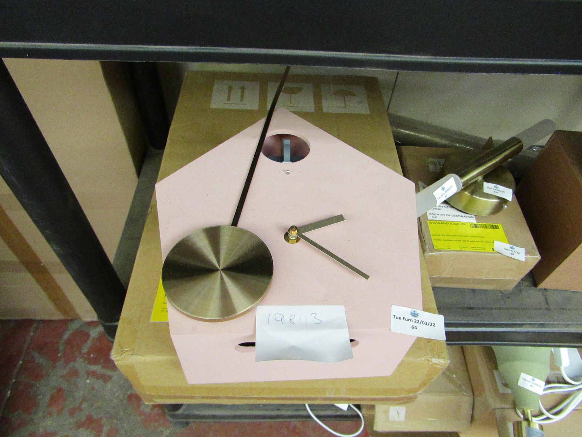 1 x Made.com Lark Cuckoo Clock Blush Pink & Brass RRP £85 SKU MAD-CLKLAR002PNK-UK TOTAL RRP £85 This