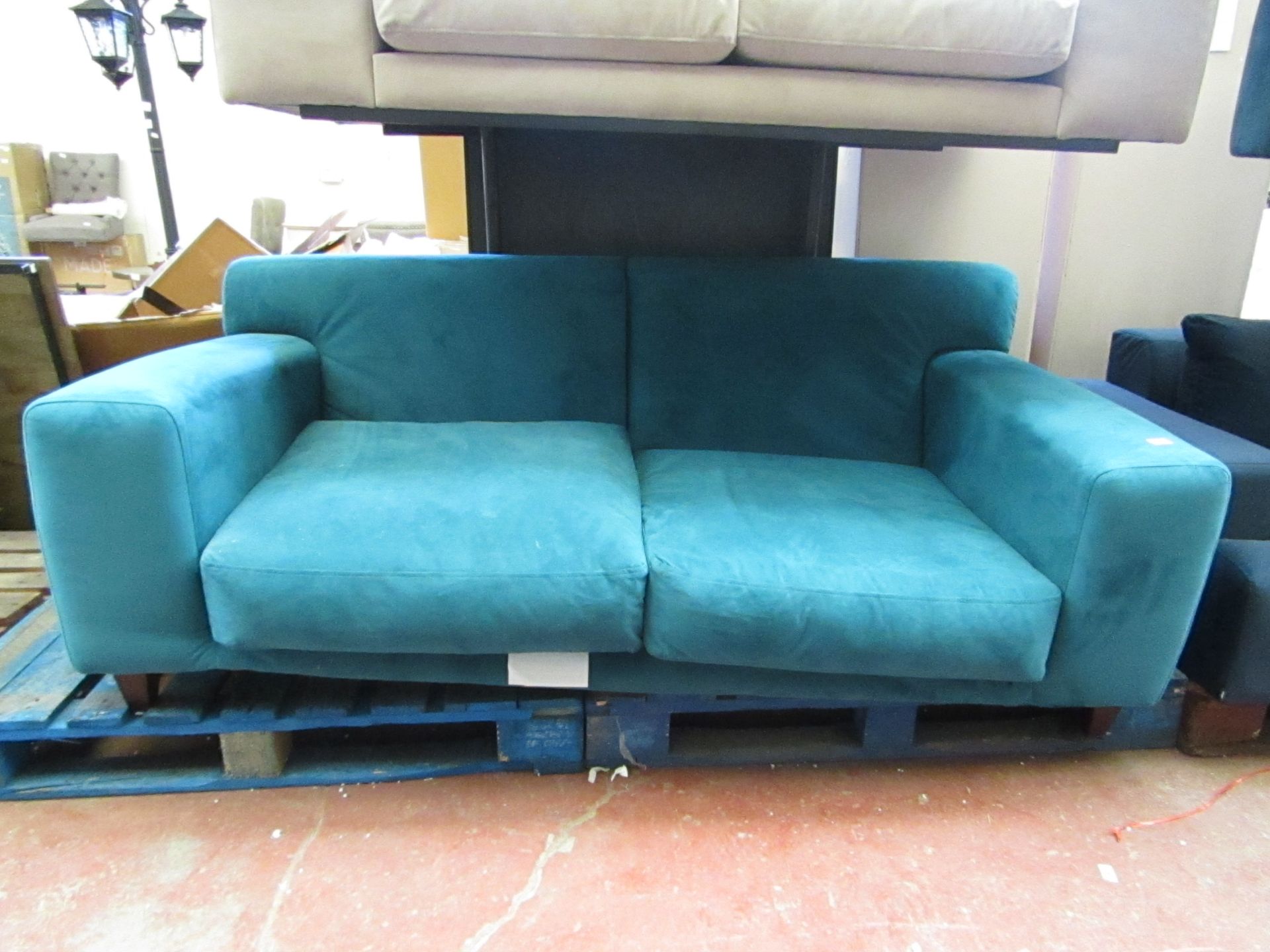 | 1X | MADE.COM 2 SEATER SOFA | TEAL BLUE | GOOD CONDITION BUT NO FEET | RRP £- |