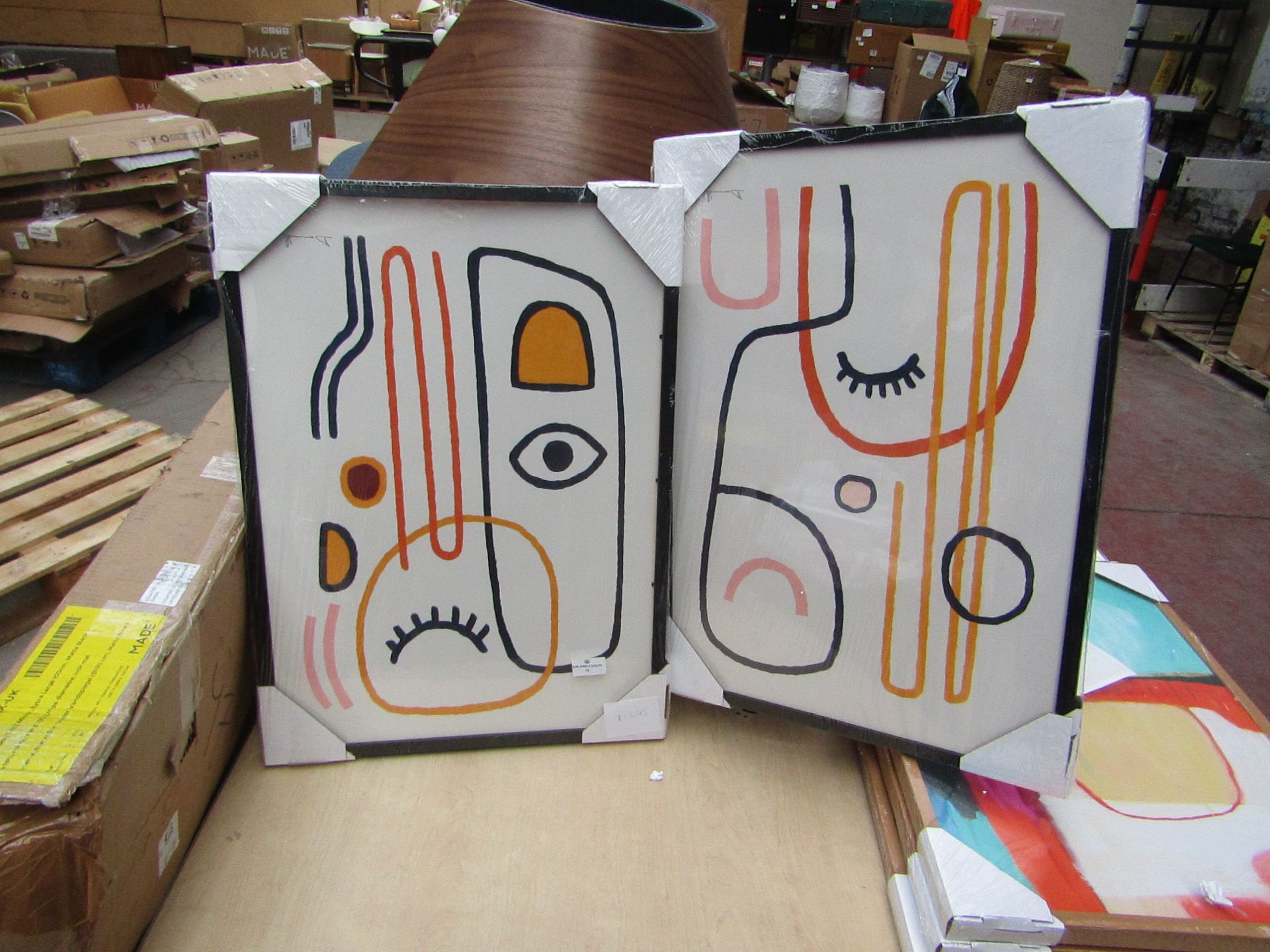 1 x Made.com Dan Hobday 'Abstract Faces' Set of 2 Framed Prints A2 RRP £139 SKU MAD-ARTEEP016BLK-