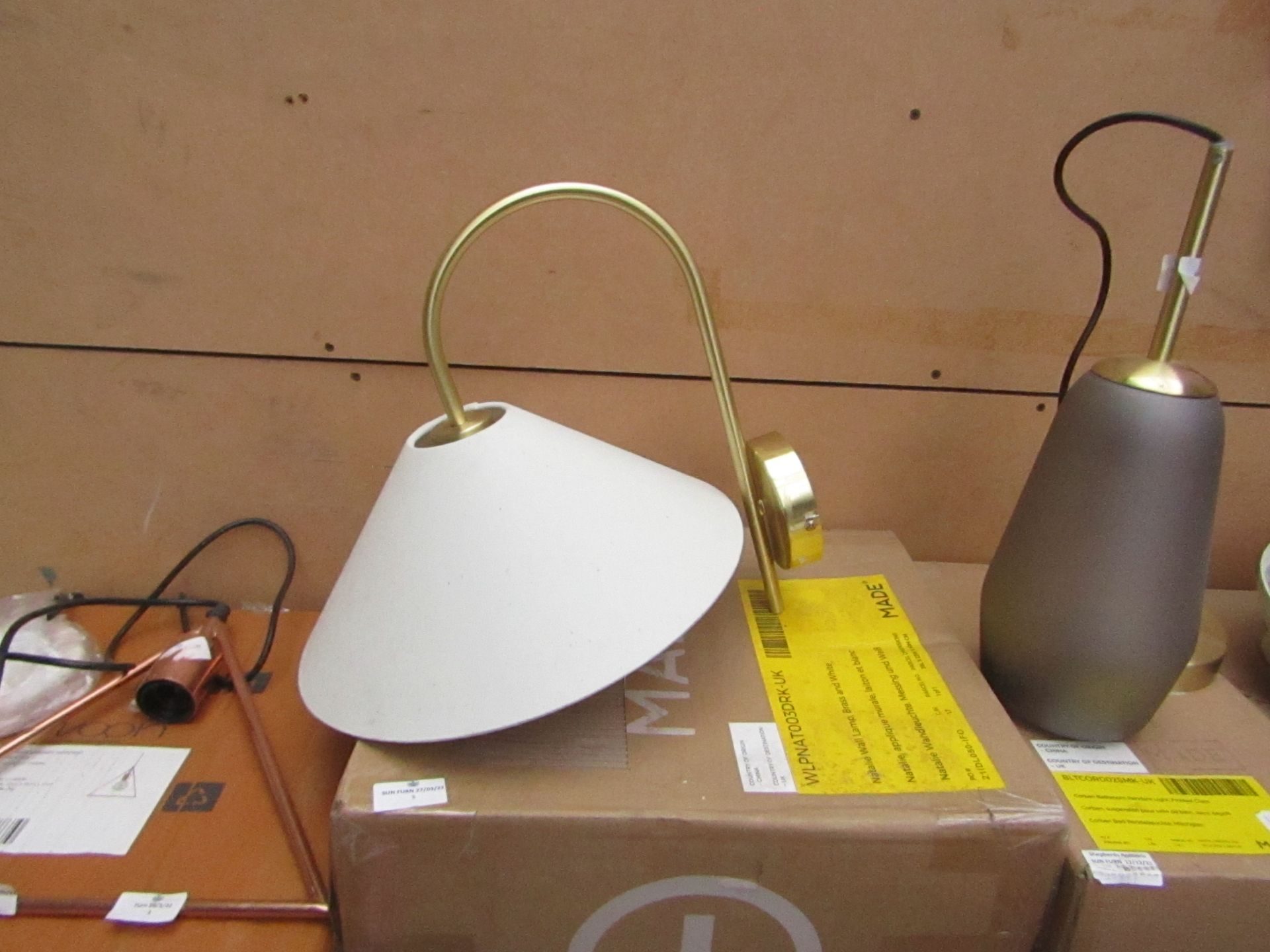 1 x Made.com Natalie Wall Lamp Brass and White RRP £55 SKU MAD-WLPNAT003DRK-UK TOTAL RRP £55 This