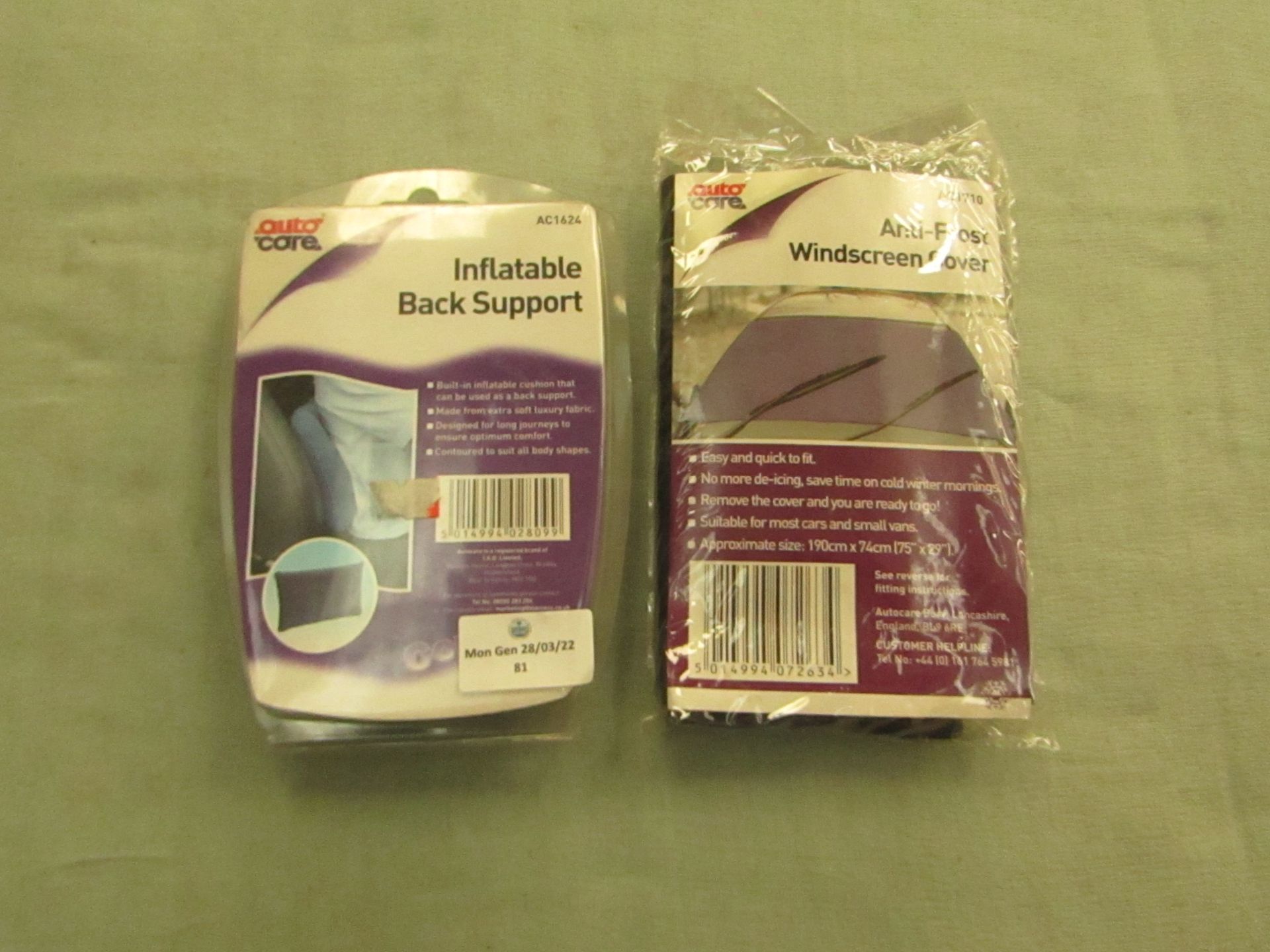 1x Autocare - Inflatable Back Support - Unused & Packaged. 1x Auotcare - Anti-Frost Windscreen Cover