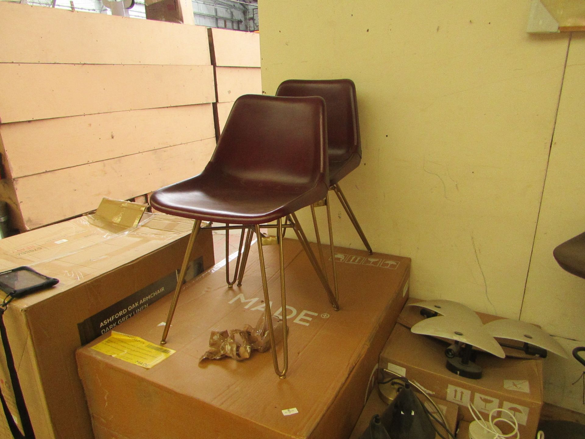 | 1X | MADE.COM SET OF 2 KENDAL DINING CHAIRS | OXBLOOD & BRASS | GOOD CONDITION, MAYBE A FEW