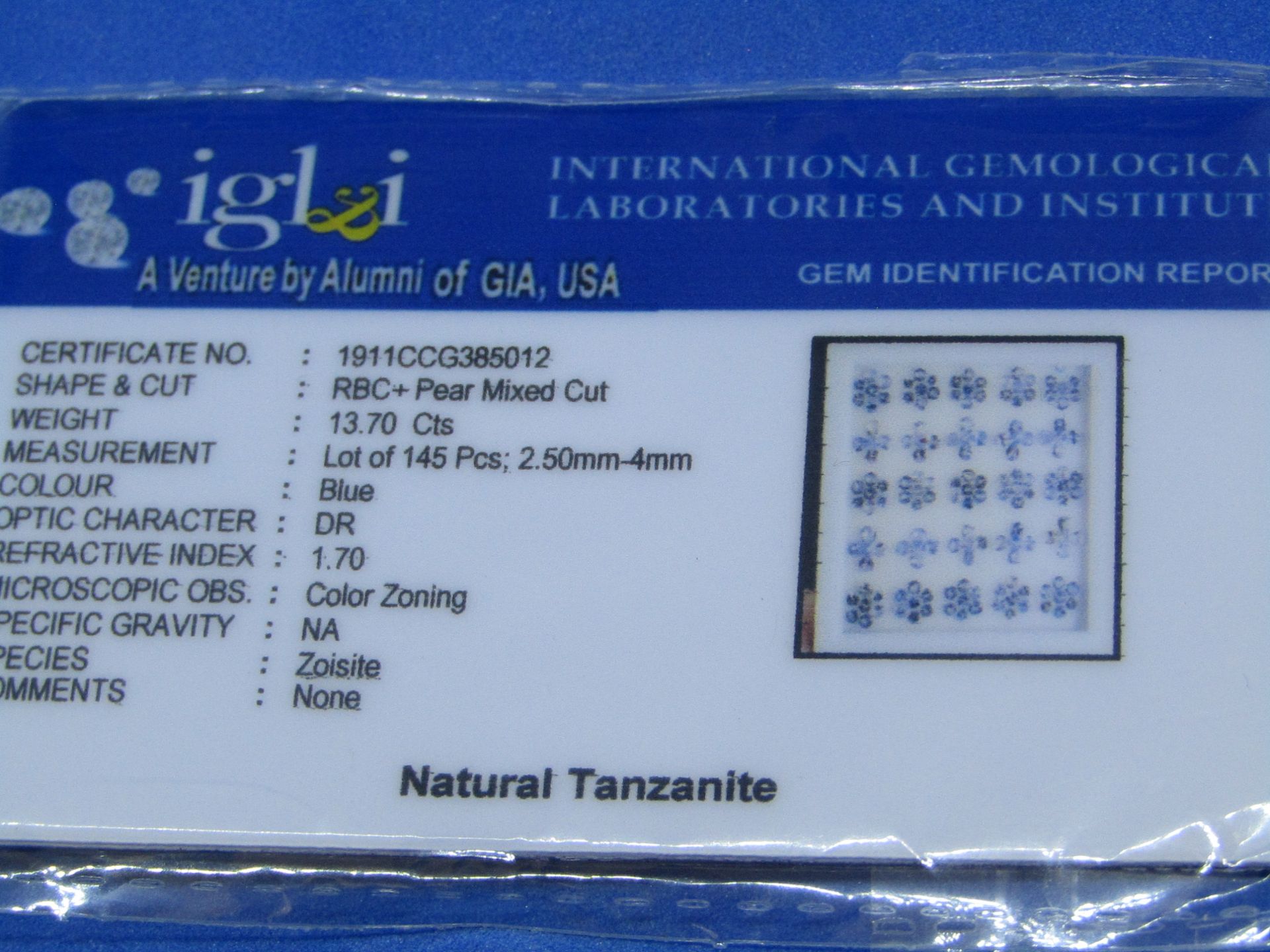 ** NO BUYERS COMMISSION ON THIS LOT ** IGL&I Certified Natural Tanzanite - 145 Pieces - 13.70 - Image 2 of 2