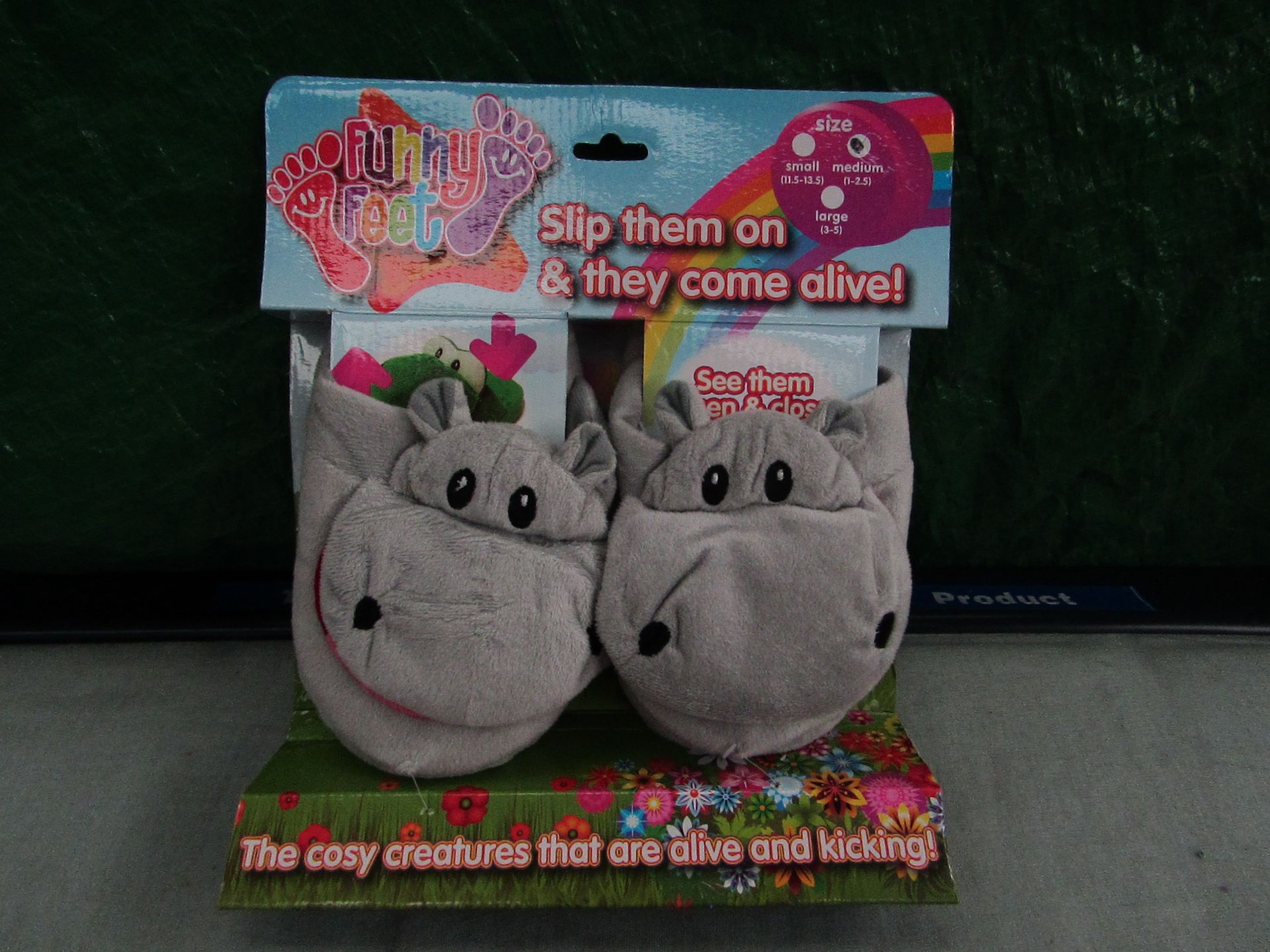 3x Funny Feet - Grey Hippo Slippers - Size Small 11.5 - 13.5 - Unused & Packaged.