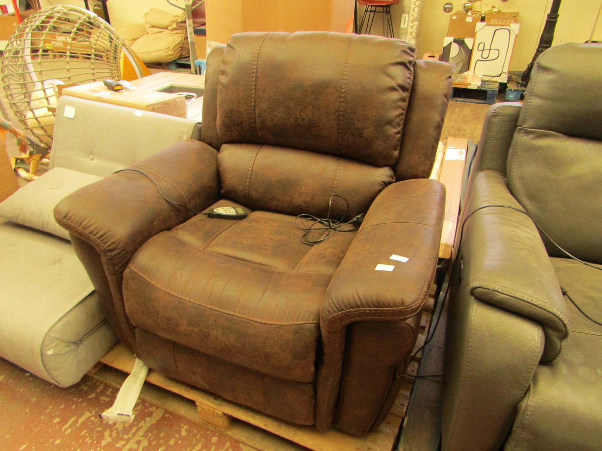 Brown reclining arm chair with massage, completely unchecked