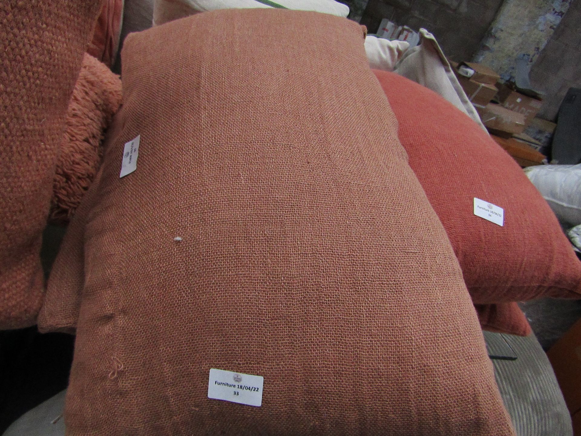 | 1X | MADE.COM ADRA SET OF 2 100% LINEN CUSHIONS 35 X 55CM, LIGHT BROWN | HAS IMPERFECTIONS &