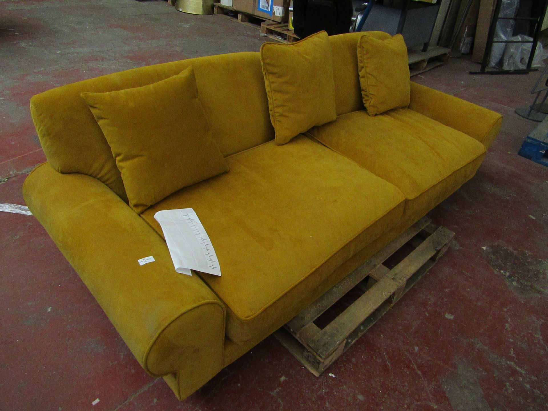 | 1X | MADE.COM 3 SEATER MUSTARD YELLOW VELVET | NO PHISICAL DAMAGE VISIBLE & NO FEET PRESENT |
