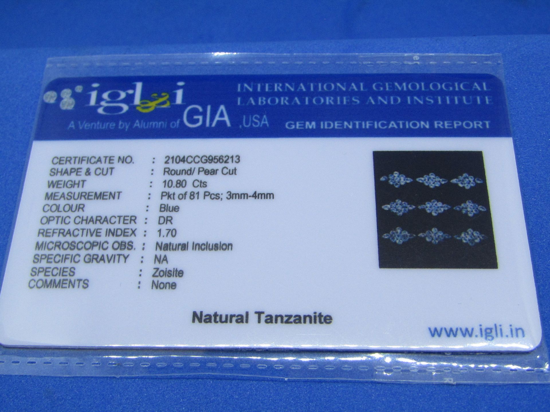 **No Buyers Commission on this lot ** IGL&I Certified Natural Tanzanite - 10.80 carats - 81 pieces - - Image 2 of 3