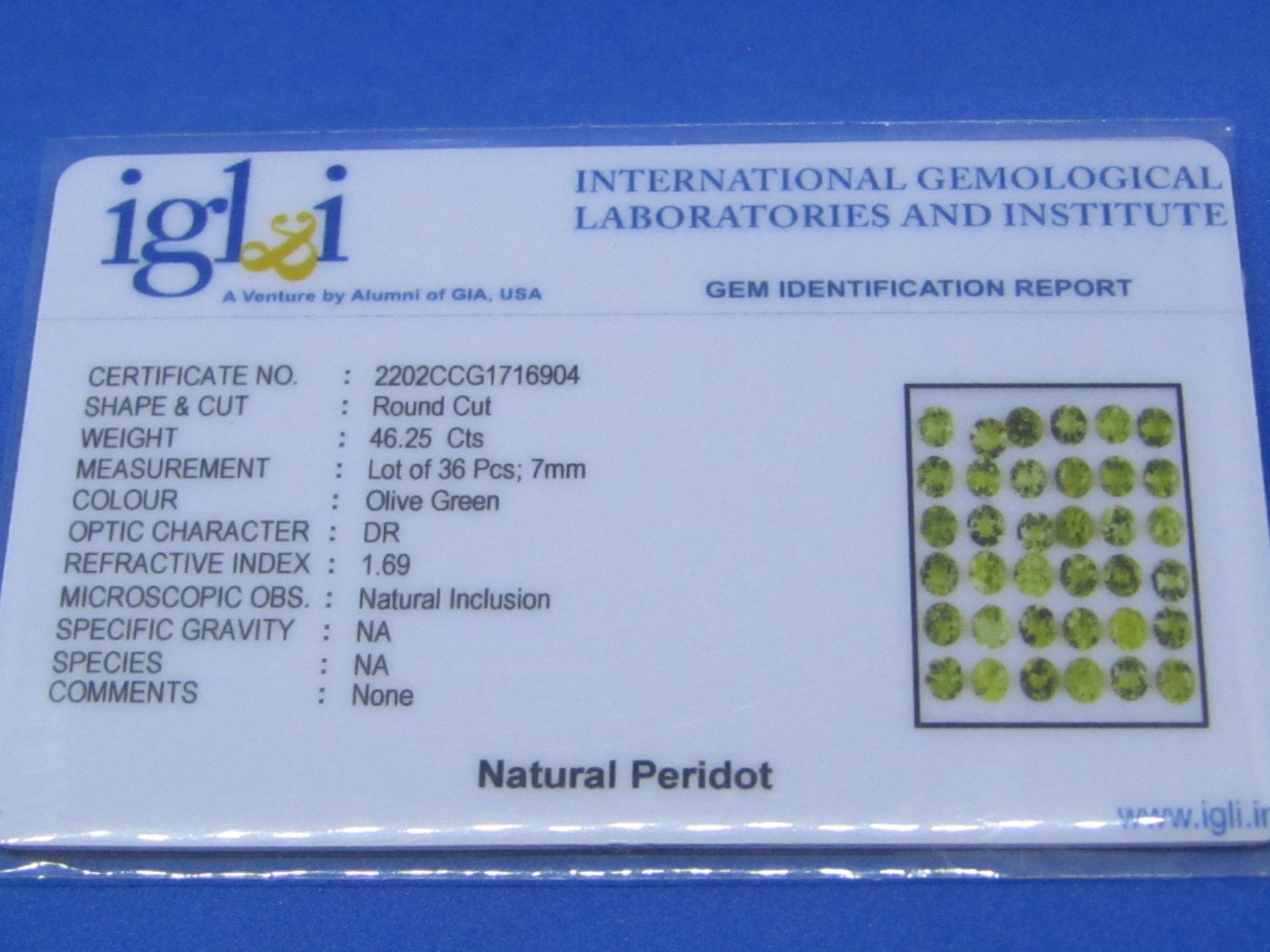 **No Buyers Commission on this lot ** IGL&I Certified˜Natural Peridot - 36 Pieces - 46.25 carats - - Image 2 of 3