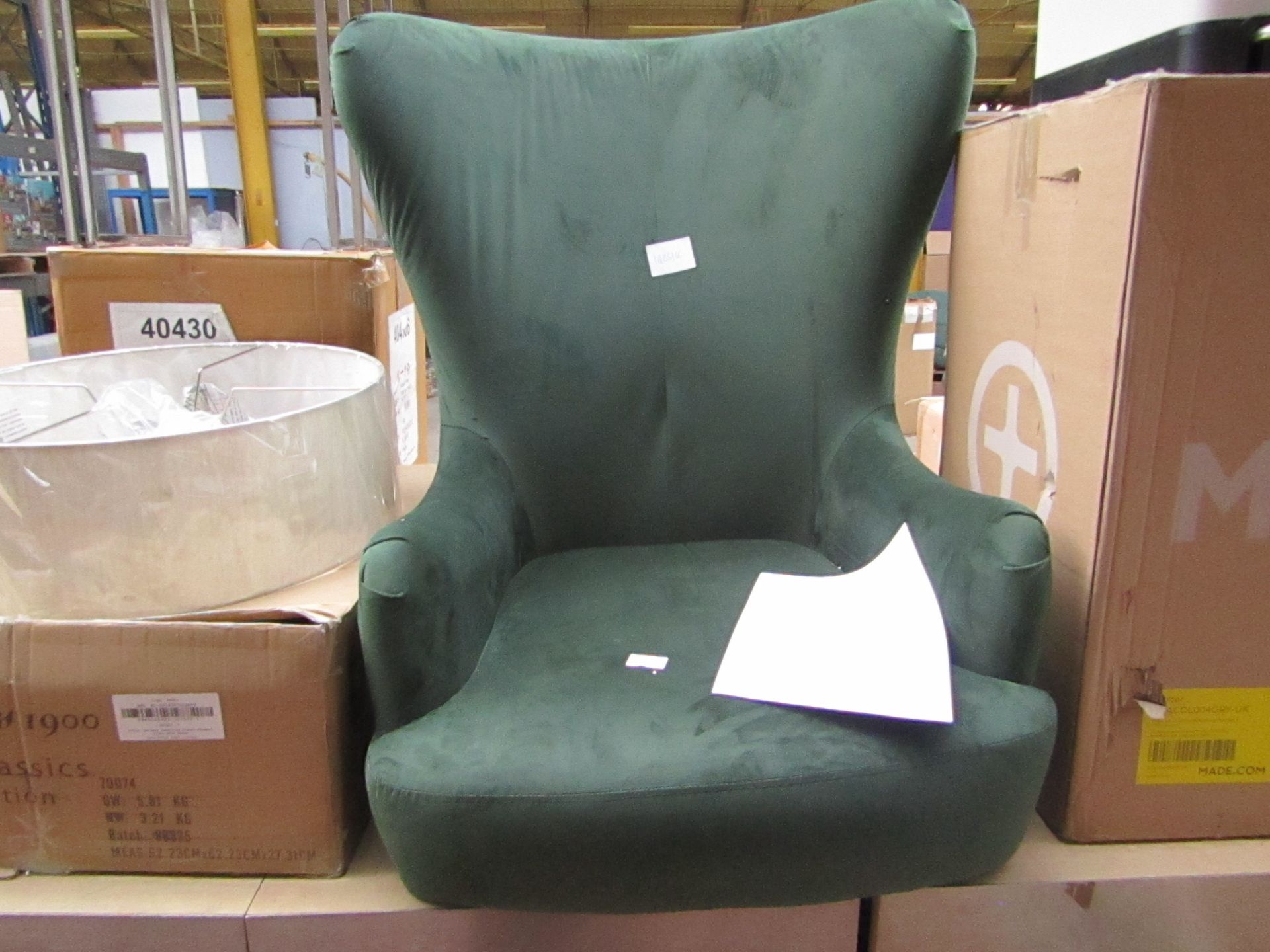 | 1X | MADE.COM BODIL ACCENT ARMCHAIR, BOTTLE GREEN VELVET WITH DARK WOOD LEGS | PLEASE NOTE NO FEET
