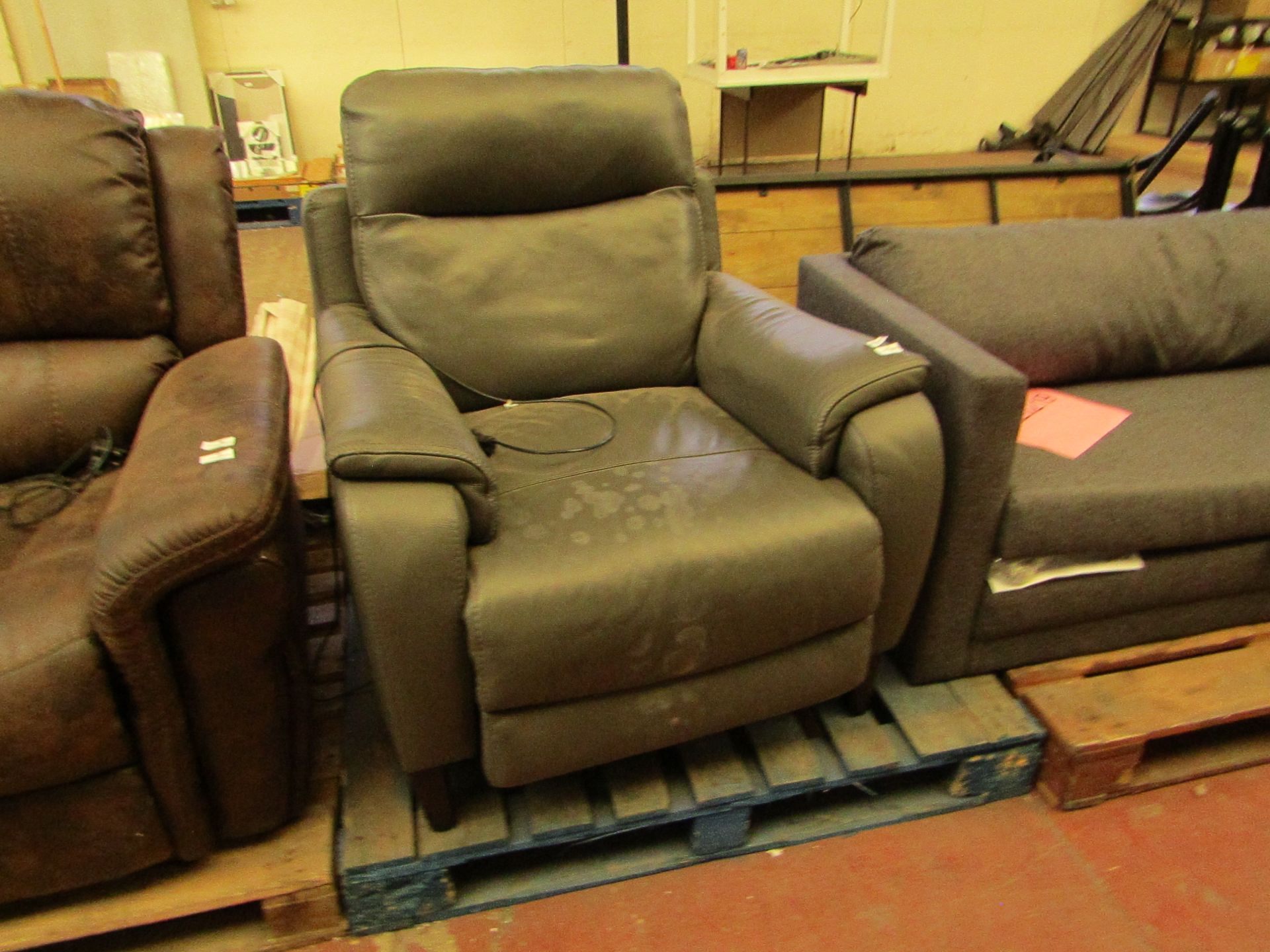 Barrett Grey leather reclining arm chair, tested working - Needs a clean