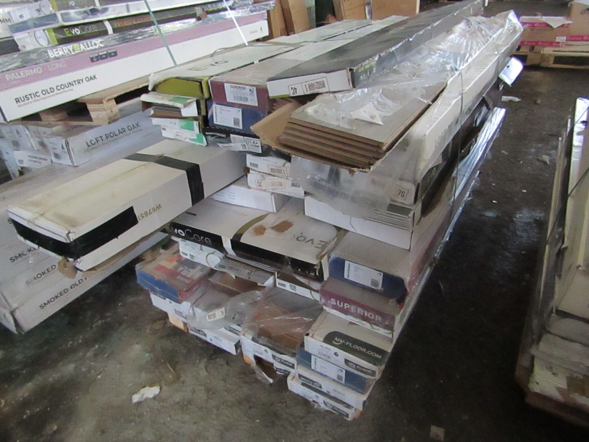 PALLET OF END OF LINE LAMINATE FLOORING. ALL UNCHECKED