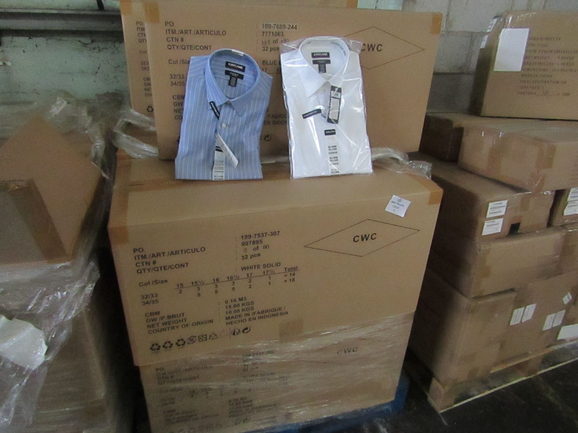 APPROX 250 KIRKLAND CUSTOM FIT SHIRTS. VARIOUS SIZES. NEW AND PACKAGED