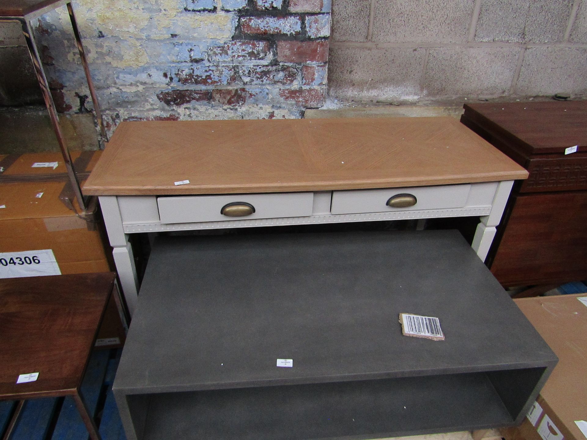 | 1x | MOOT TWO DRAWER DESK | LIGHT GREY & OAK | FEW MINOR PAINT MARKS BUT OTHERWISE OKAY | RRP £- |