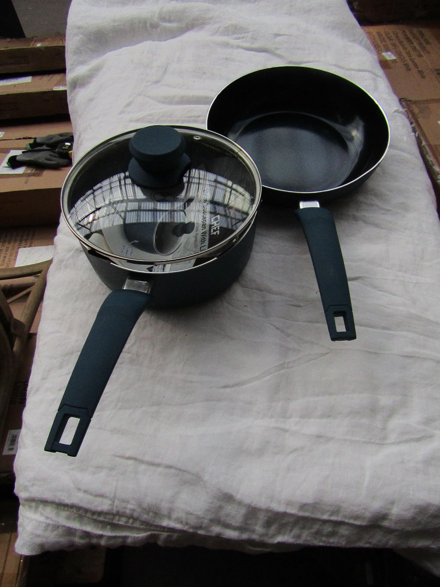 1x Urban Chef - 20cm Sauce Pan With Lid - Diamond Blue - No Packaging. 1x Urban Chef - 24cm Frying