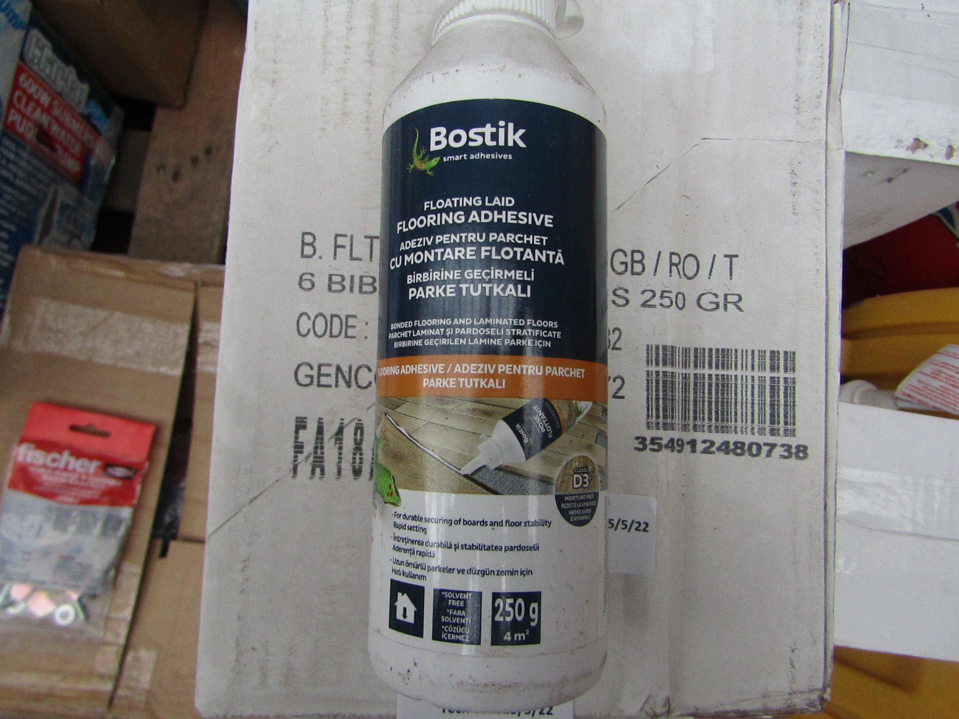 5x Boxes of 6x 250g bottles of Bostik Laminate floor adhesive - New & Sealed.