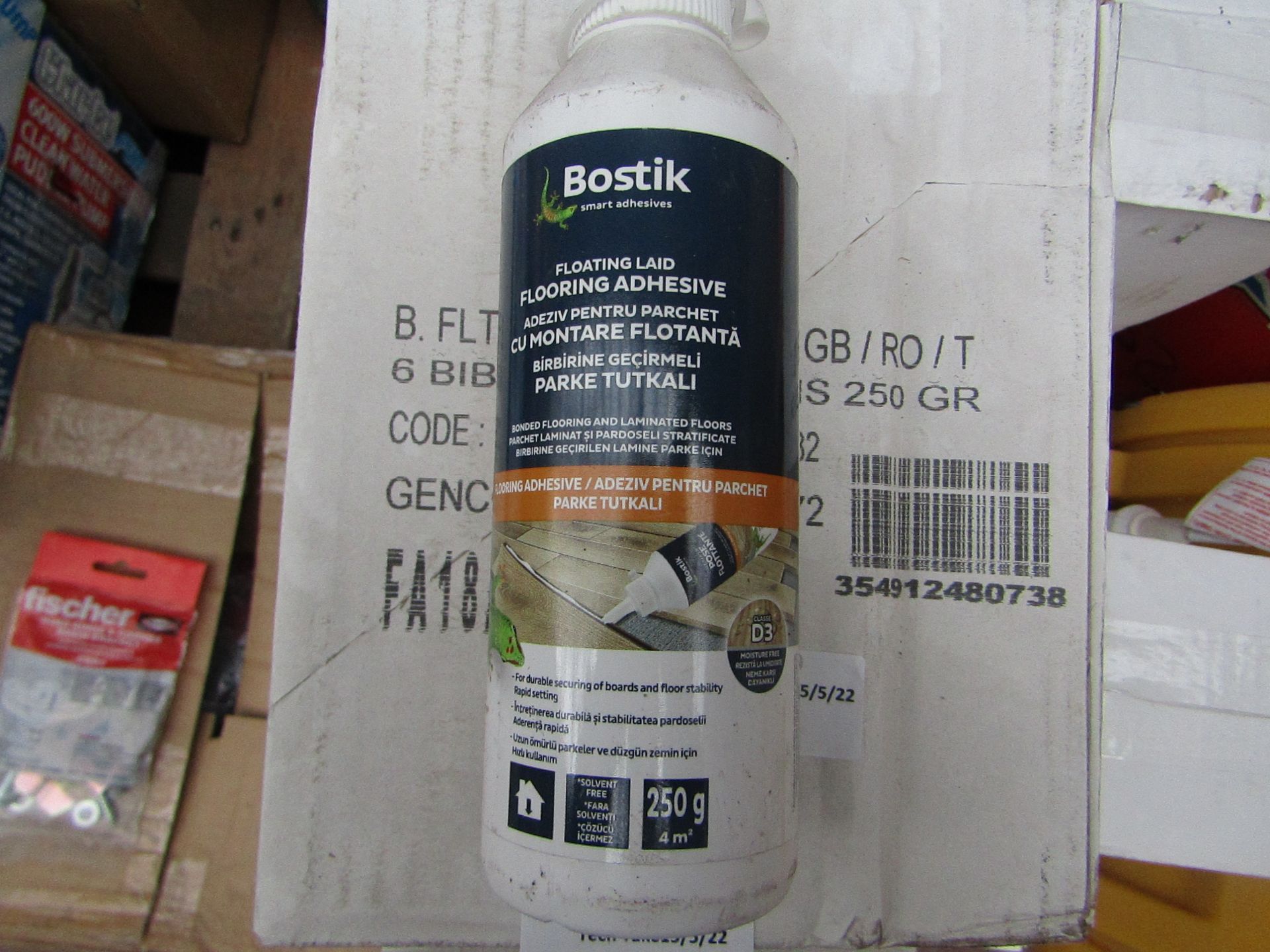 5x Boxes of 6x 250g bottles of Bostik Laminate floor adhesive - New & Sealed.