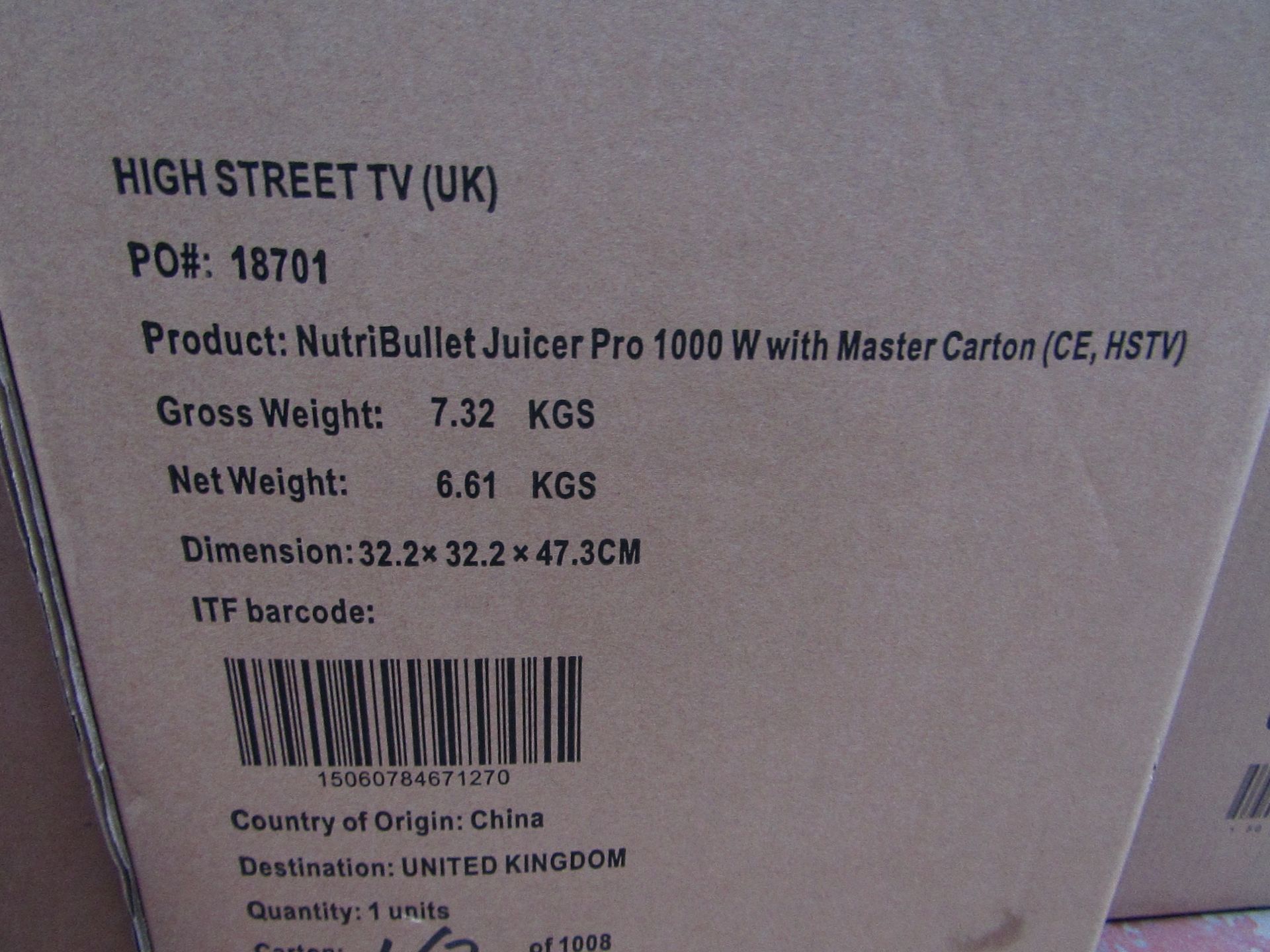 1 x NutriBullet Juicer Pro 1558 RRP £149.99 SKU HST-APG-5060784671273-B TOTAL RRP £149.99 This lot