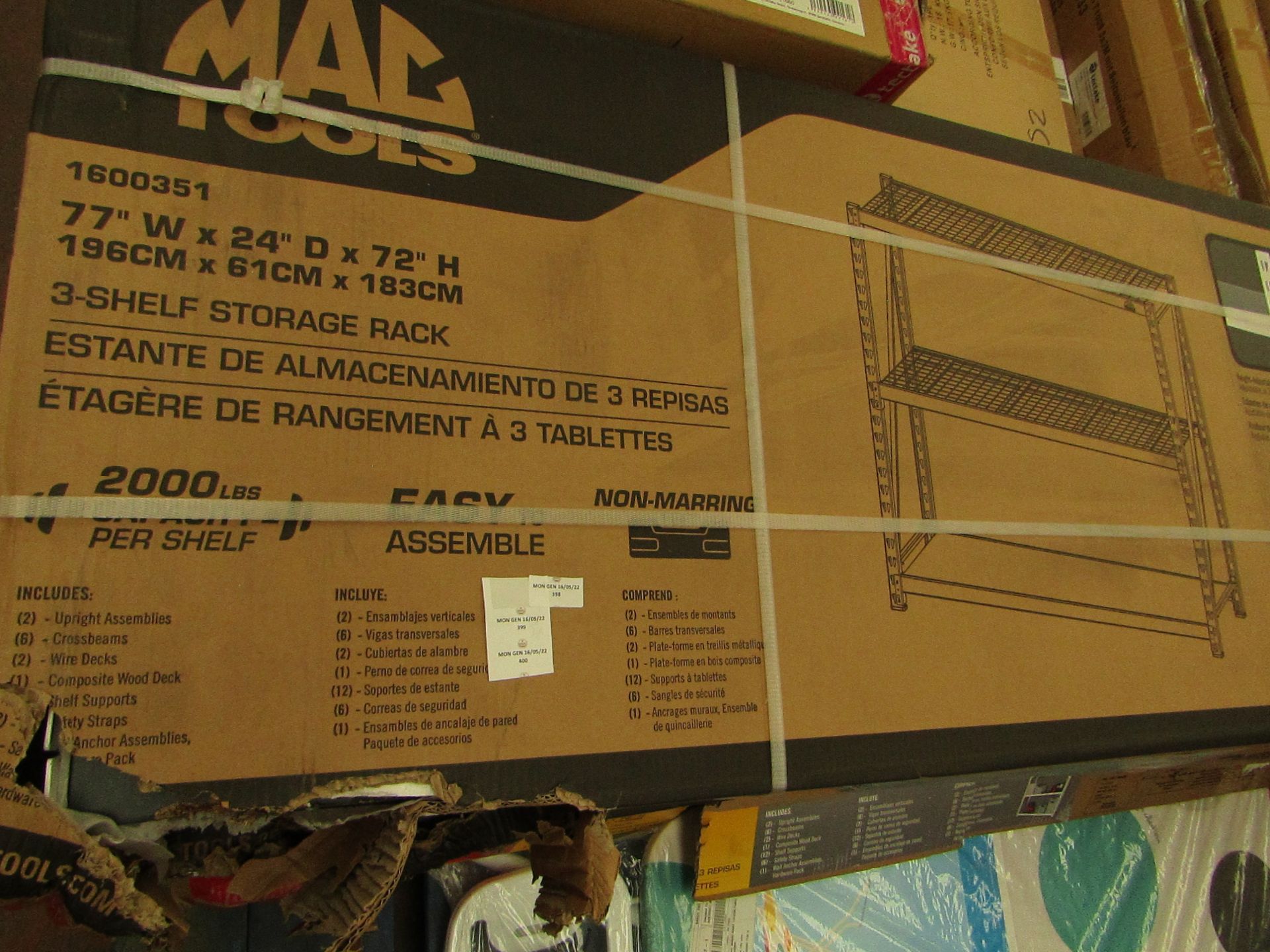 MAC TOOLS - 3-Tier 77" (196x61x183cm) Industrial Storage Rack - Unchecked & Boxed. - Please Note