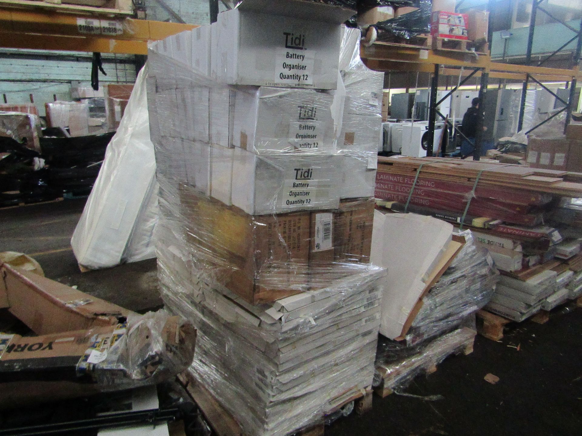 PALLET OF END OF LINE FLOOR TILES,BATTERY ORGANISERS AND PARTY INVITES.ALL UNCHECKED