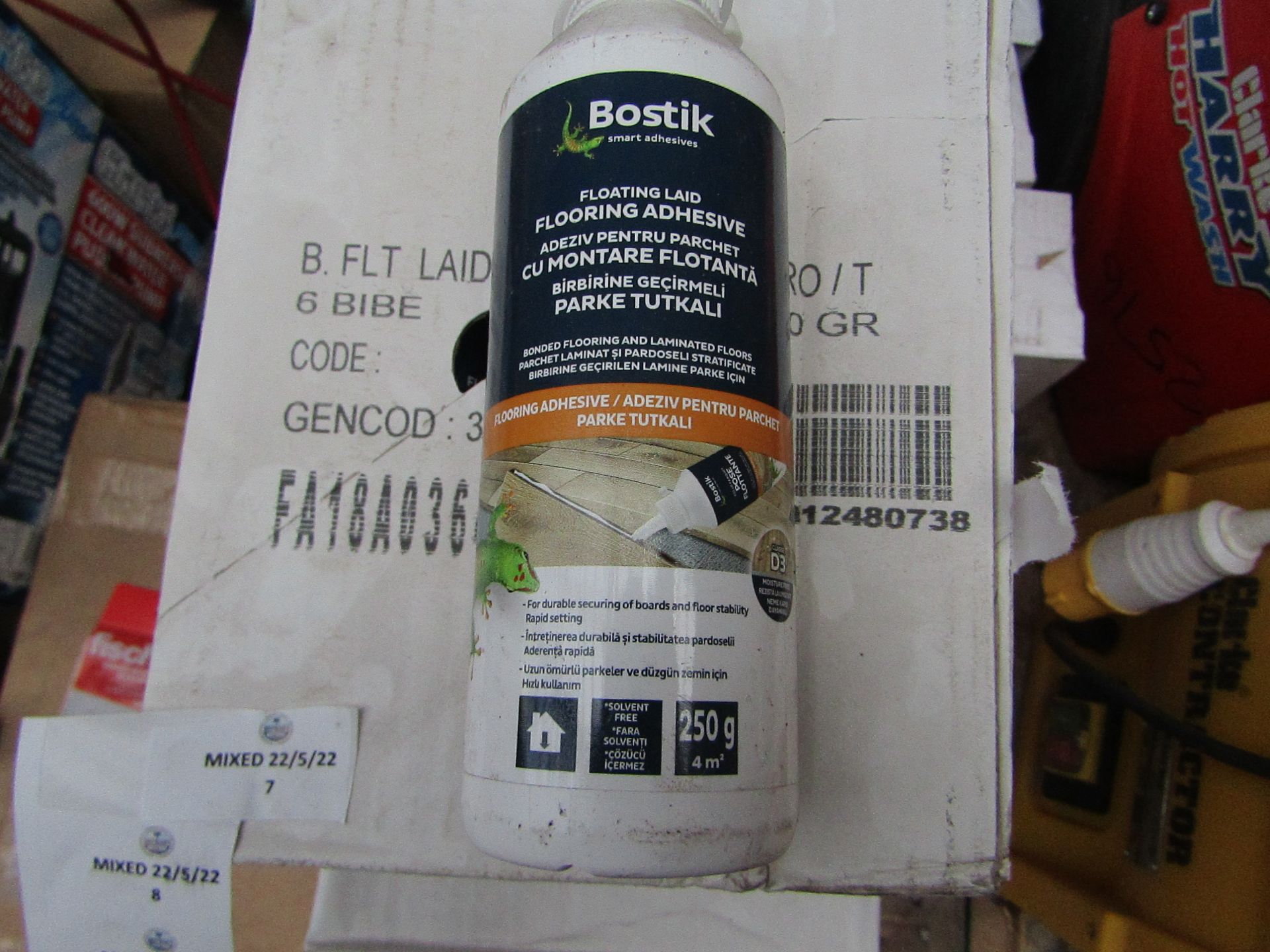 5x Boxes of 6x 250g bottles of Bostik Laminate floor adhesive - New & Sealed.