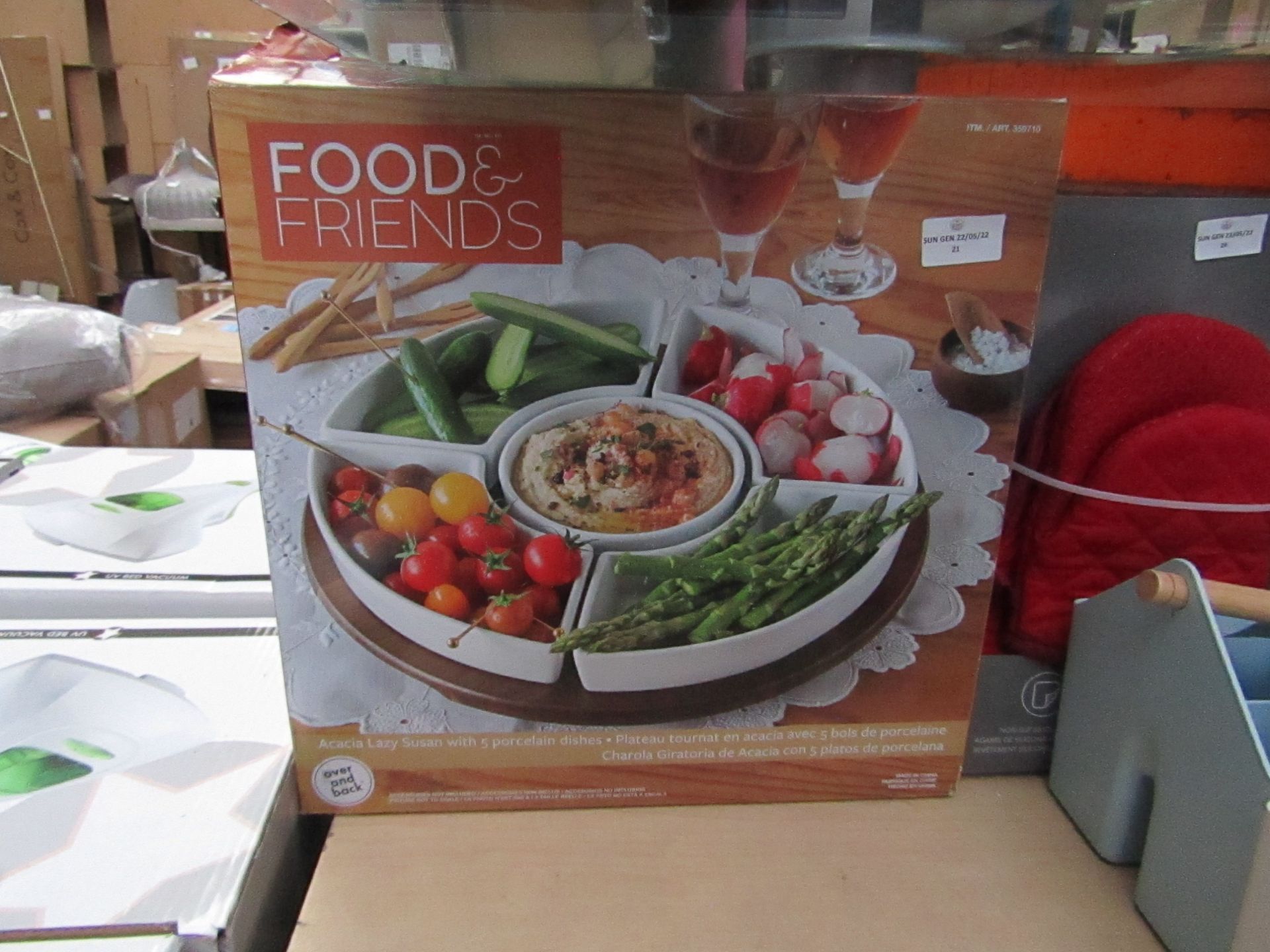 Food & Friends - Acacia Lazy Susan With 5 Porcelain Dishes - Unchecked & Boxed. RRP £27.99