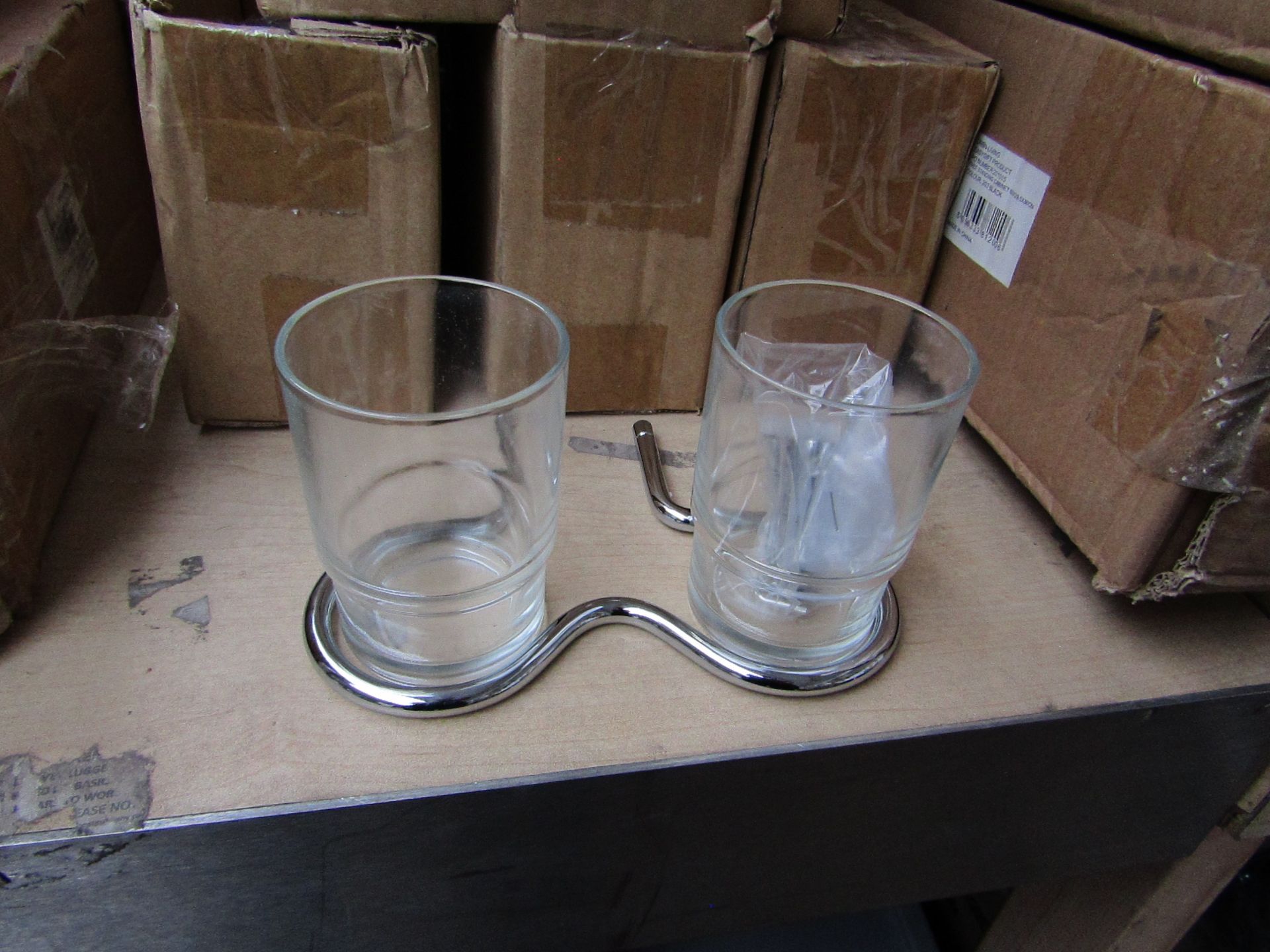 Wall Mounted Double Glass Tumbler ToothBrush Holder - Good Condition & Boxed.