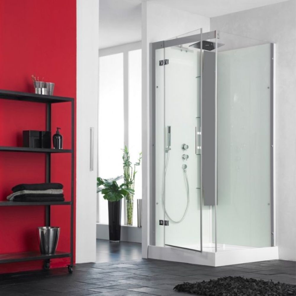2x Kinedo Horizon Pivot door shower enclosures with showers built in, more than 80% off RRP