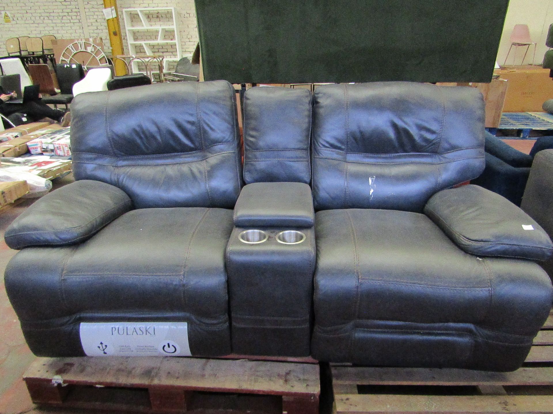 1x Costco Pulaski 2 Seater Cinema Sofa - Power Recliner with USB Ports - Dark Grey Leather -