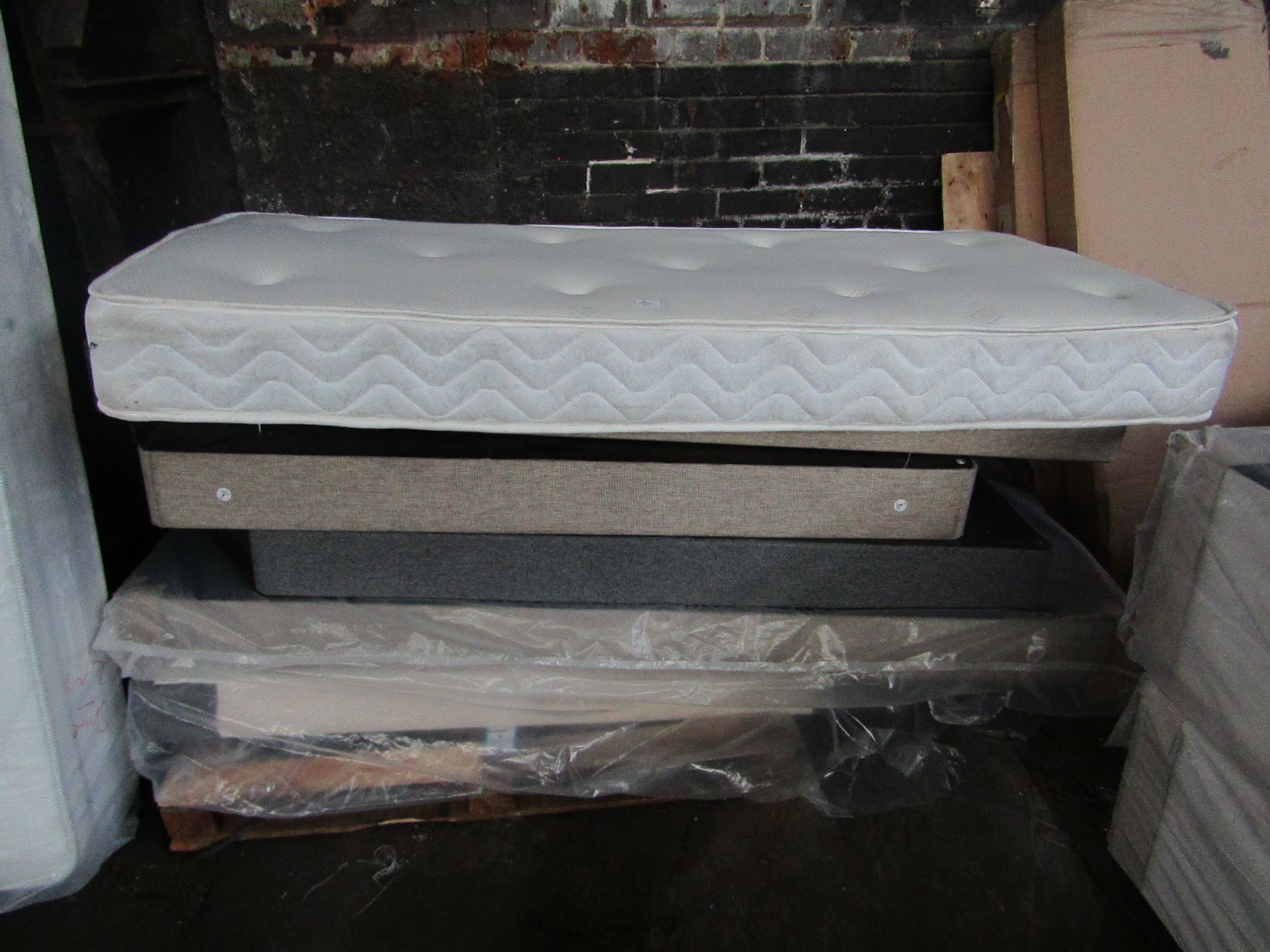 Pallet that contains 5 various Bed bases, 3 pieces seem to match and a single Cool tpouch memeory