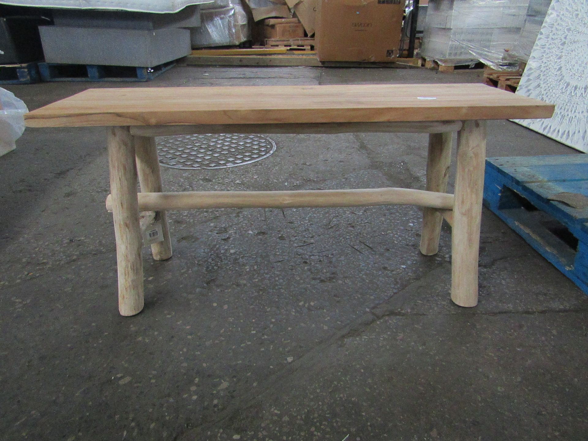 | 1x | COX & COX RUSTIC TEAK BENCH | HAS DAMAGE ON THE WOOD BEAM RUNNING UNDERNEATH BUT DOESN’T