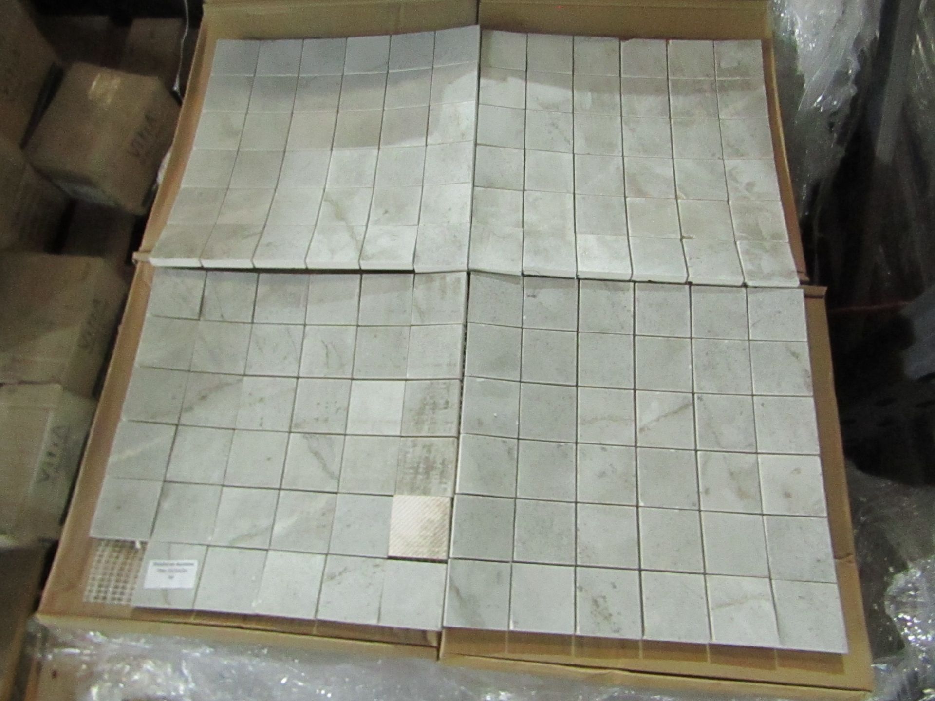 A pallet of 10x packs of 5 Homebase 600x300mm Distressed Damask Grey wall tiles, new, ref code