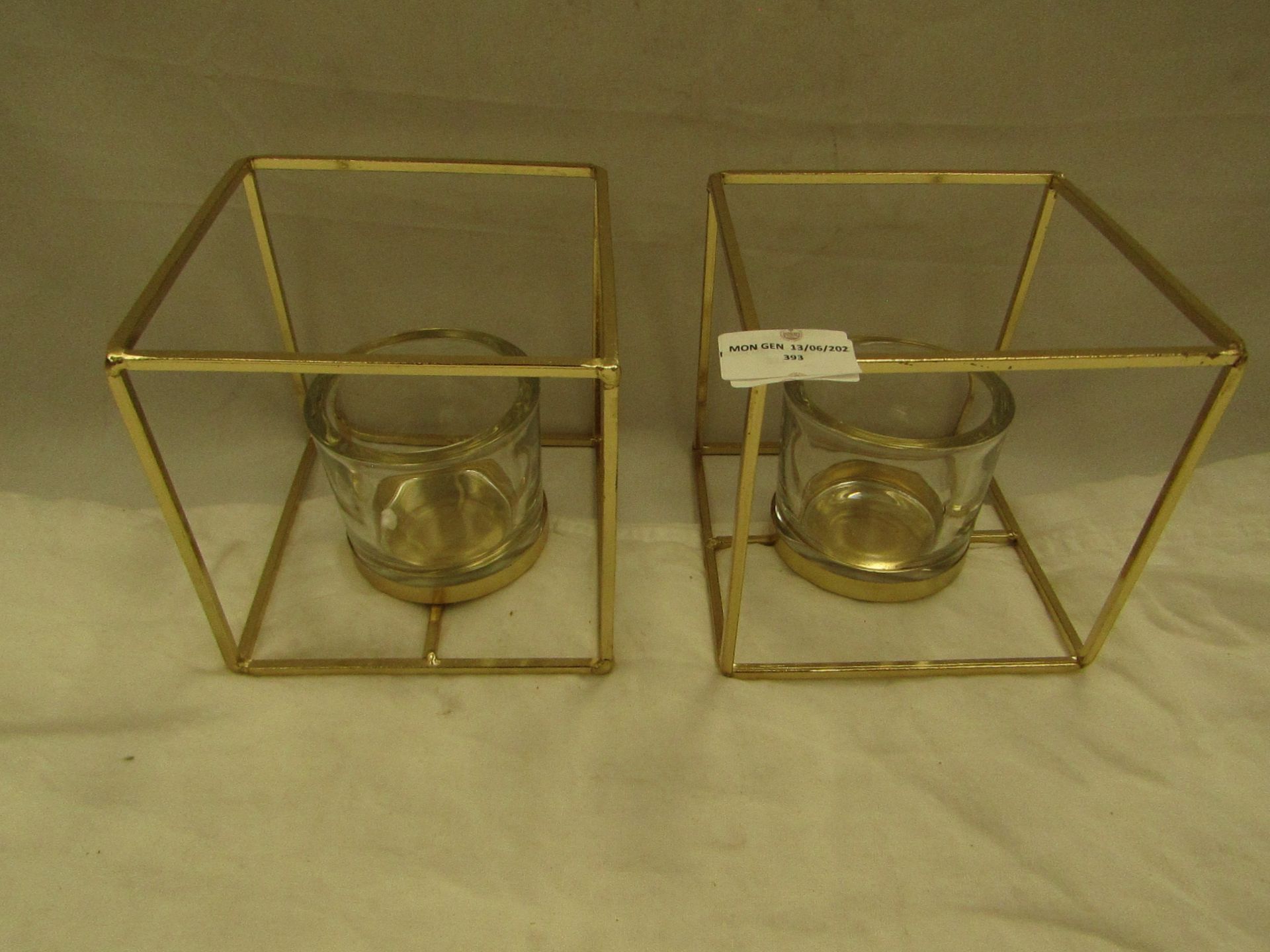 2x Metal Square Glass Tealight Candle Holders - Good Condition.