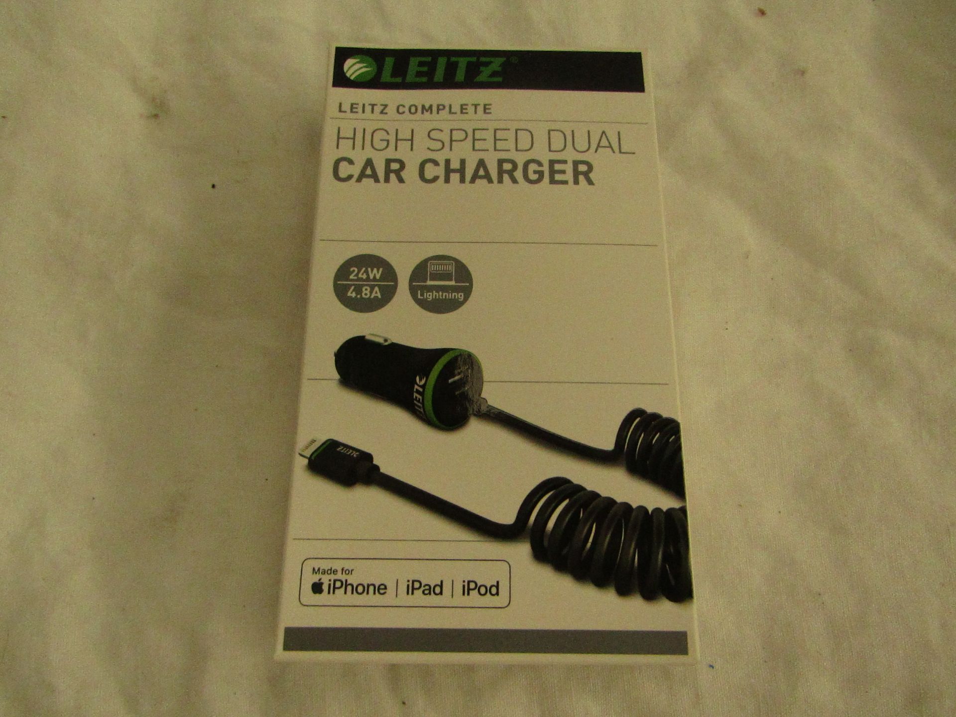 Leitz - High Speed Dual Lighening Car Charger - Suitable For Apple Products - New & Boxed.