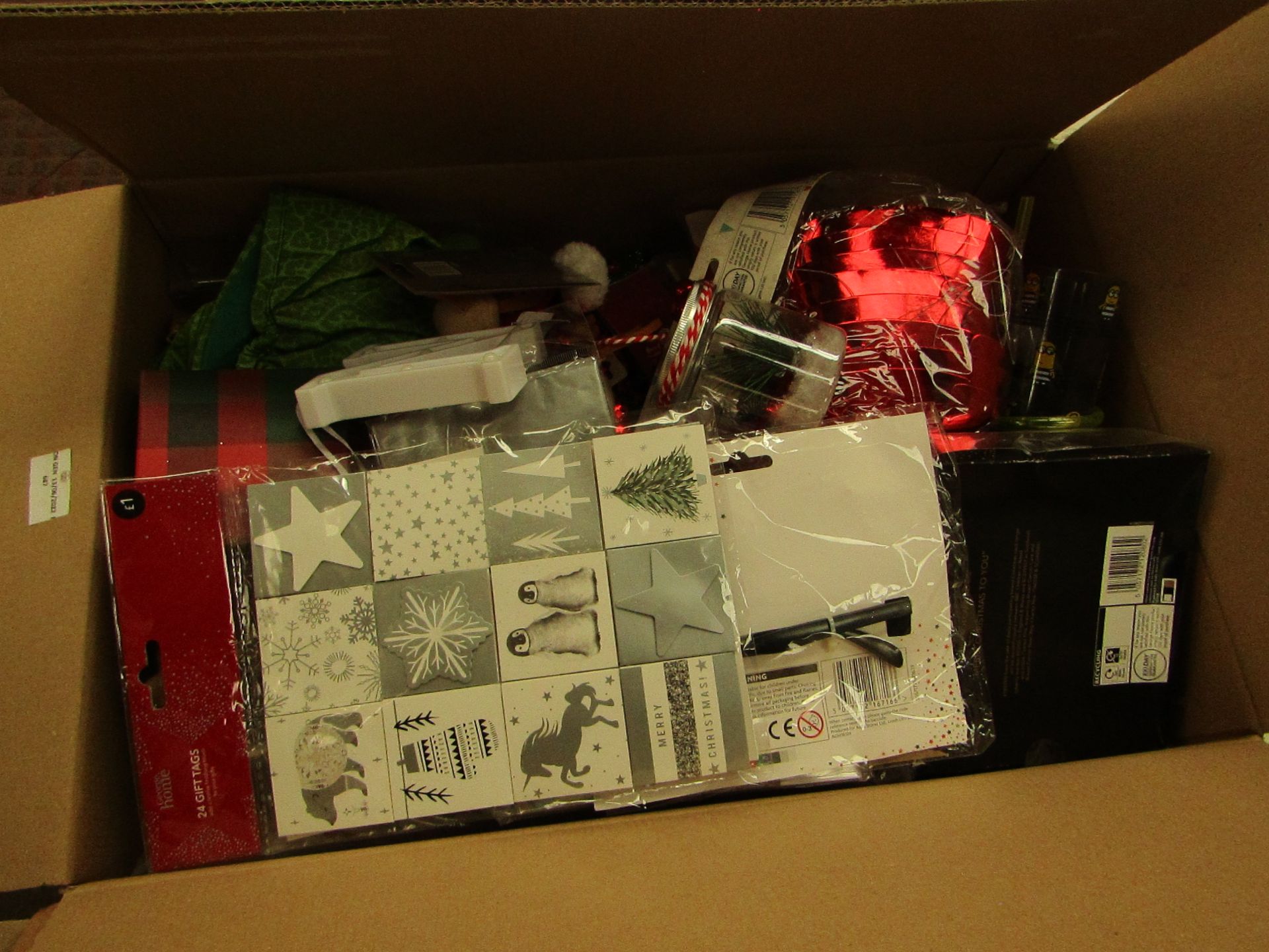 1x Box Containing 20+ Items Being : Christmas Items, Tags, Decorations, Cards Etc - All Unchecked.