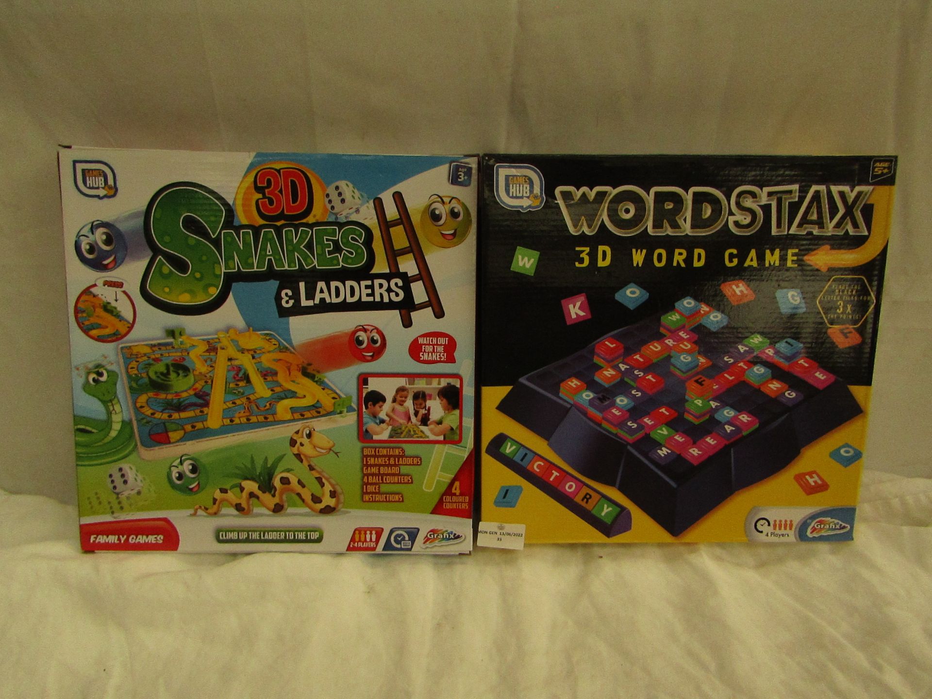 1x Games Hub - 3D Snakes & Ladders Board Game - Unchecked & Boxed. 1x Games Hub - 3D WordStax Word