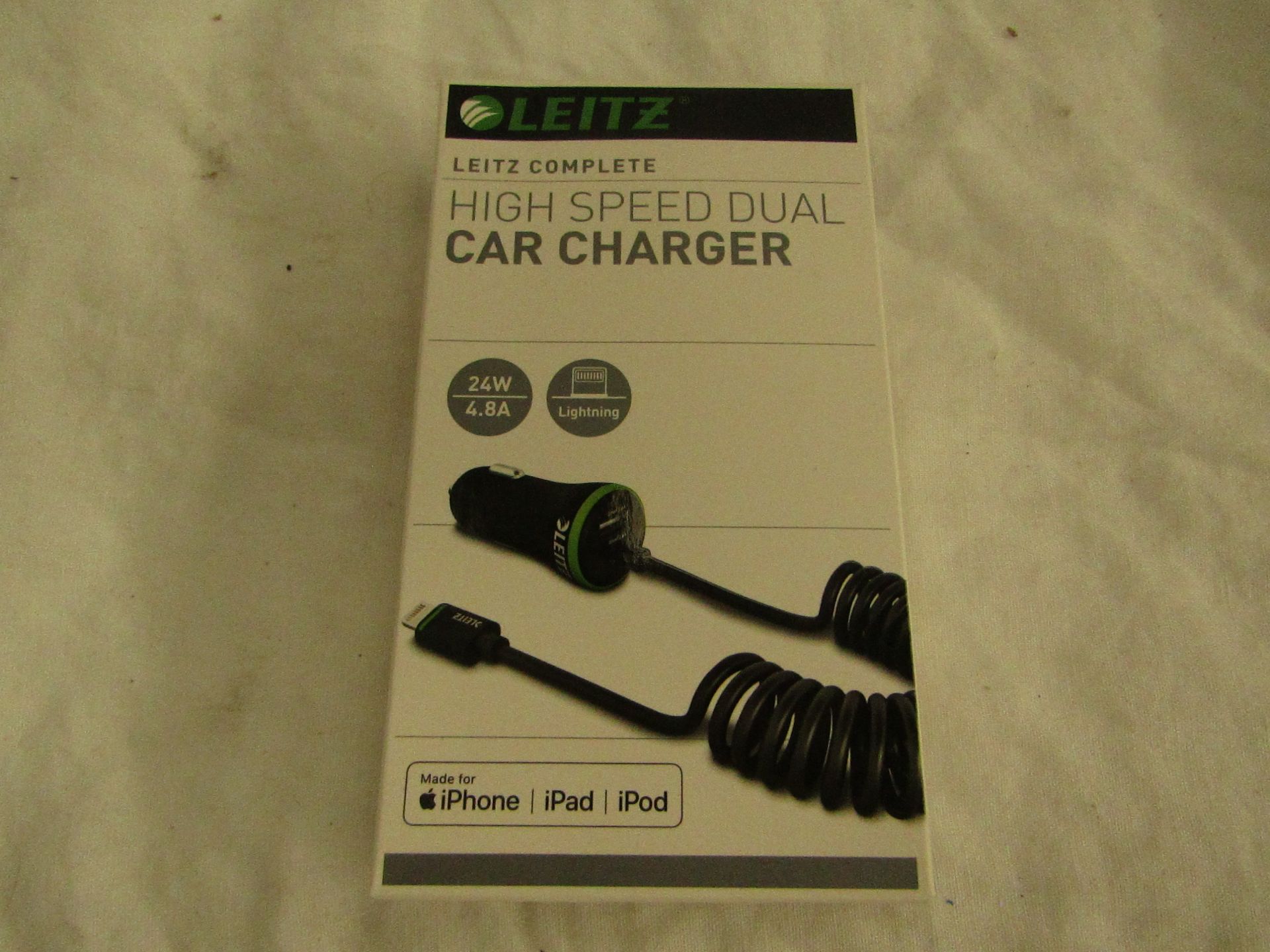 Leitz - High Speed Dual Lighening Car Charger - Suitable For Apple Products - New & Boxed.